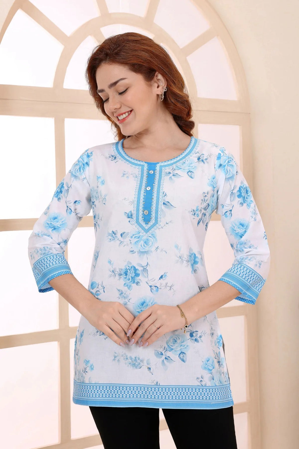 💙 Sky Blue Cotton Short Kurti with Floral Print