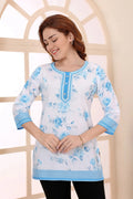 💙 Sky Blue Cotton Short Kurti with Floral Print