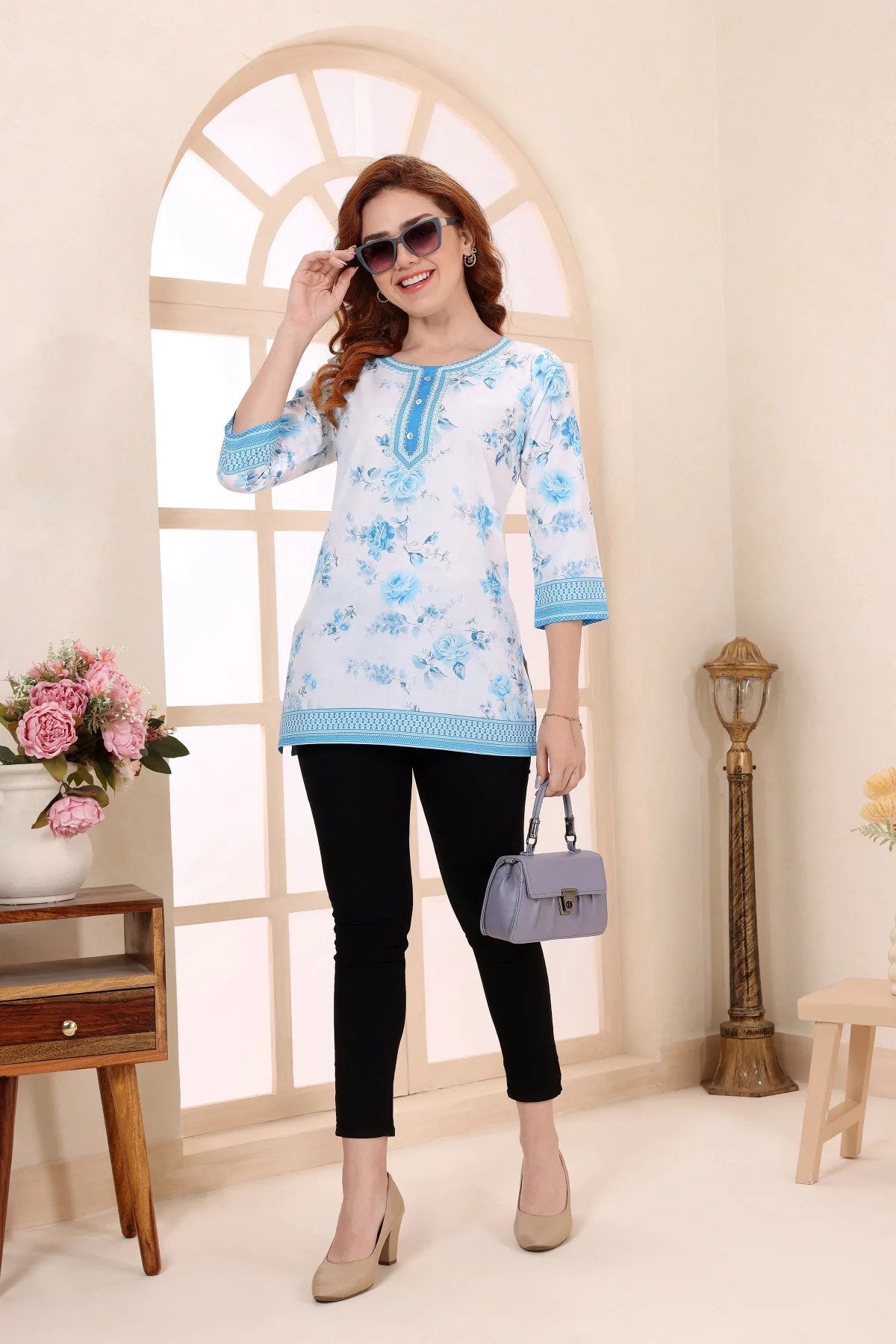 💙 Sky Blue Cotton Short Kurti with Floral Print