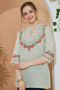 Elegant Pista Color Ethnic Print Cotton Short Kurti with Ban Collar
