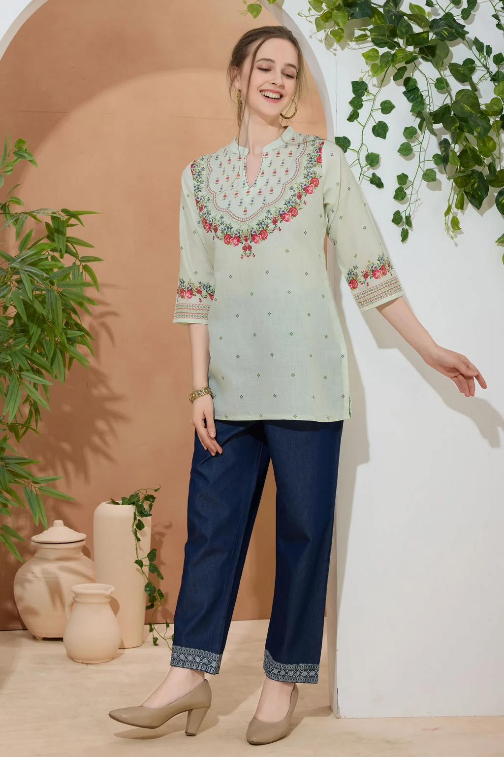 Elegant Pista Color Ethnic Print Cotton Short Kurti with Ban Collar