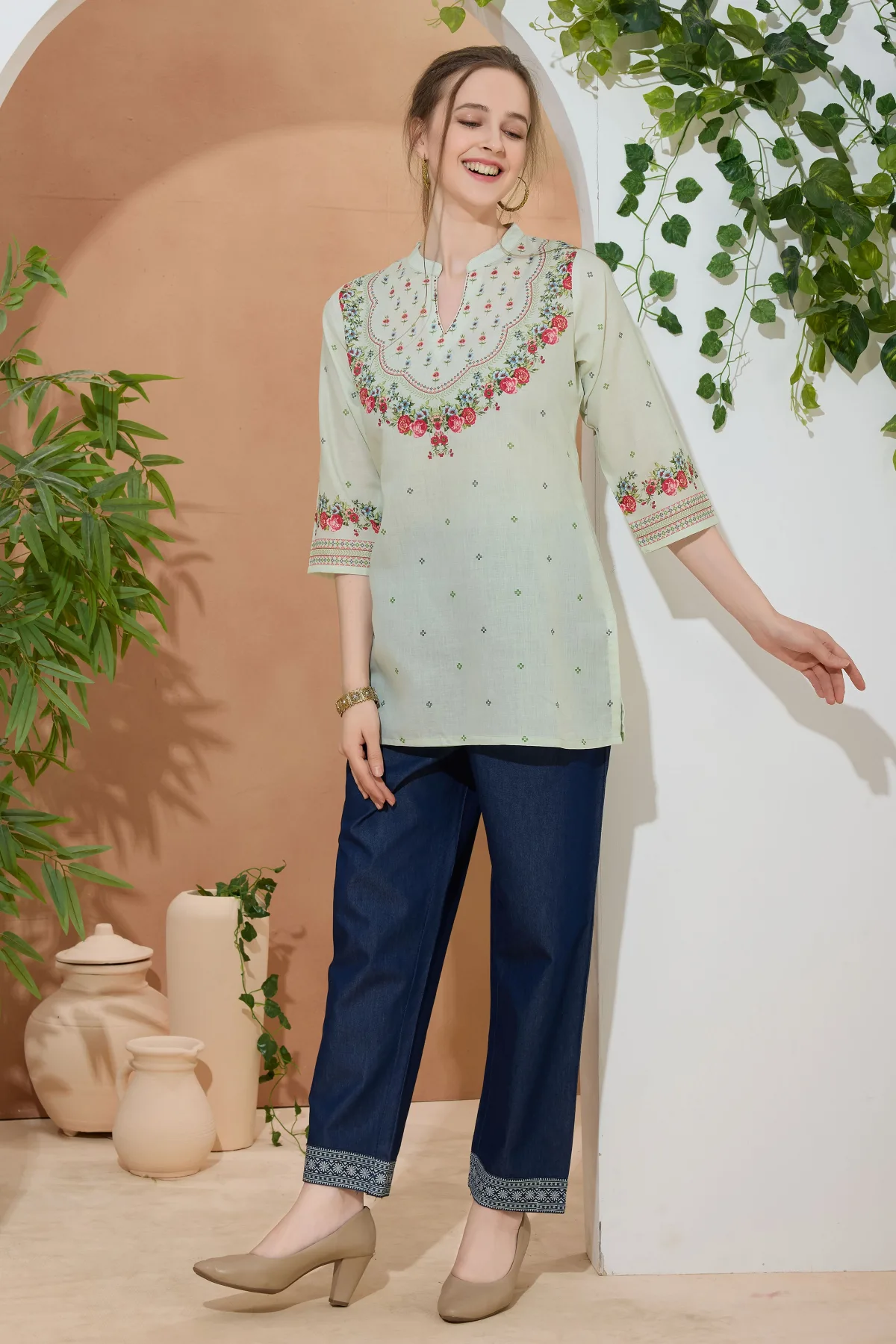 Elegant Pista Color Ethnic Print Cotton Short Kurti with Ban Collar