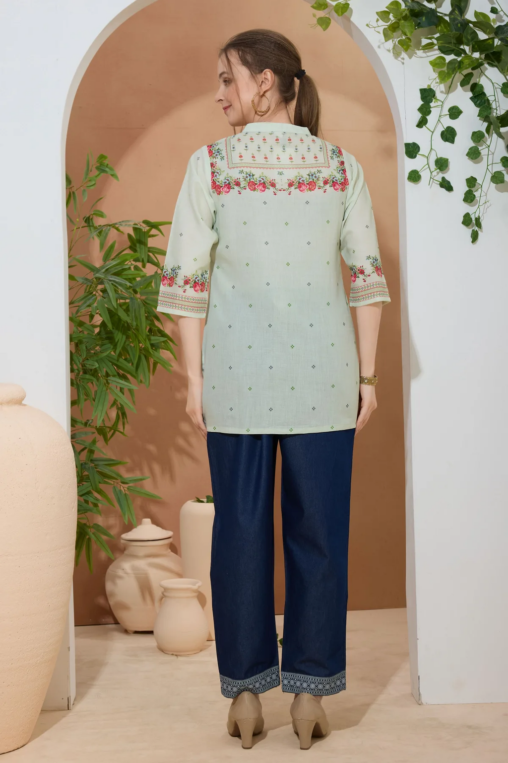 Elegant Pista Color Ethnic Print Cotton Short Kurti with Ban Collar