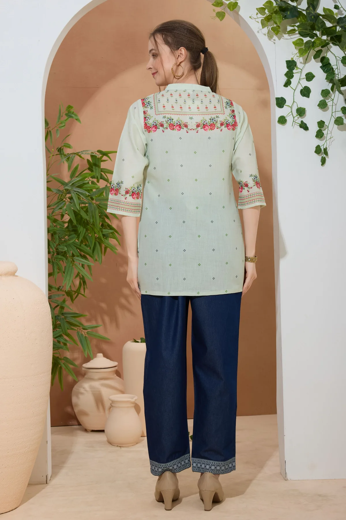 Elegant Pista Color Ethnic Print Cotton Short Kurti with Ban Collar
