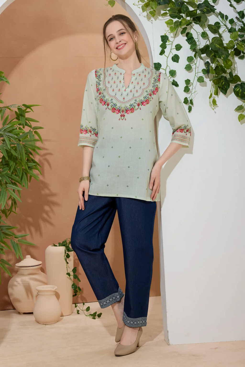 Elegant Pista Color Ethnic Print Cotton Short Kurti with Ban Collar