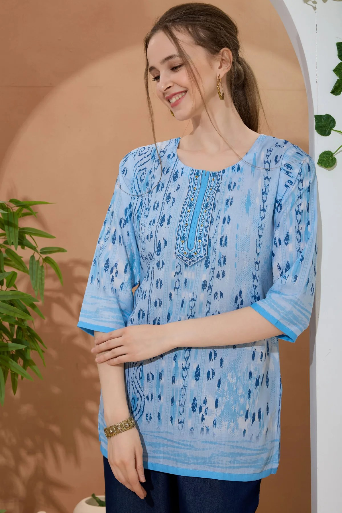 Sky Blue Ethnic Print Cotton Short Kurti with Thread Work