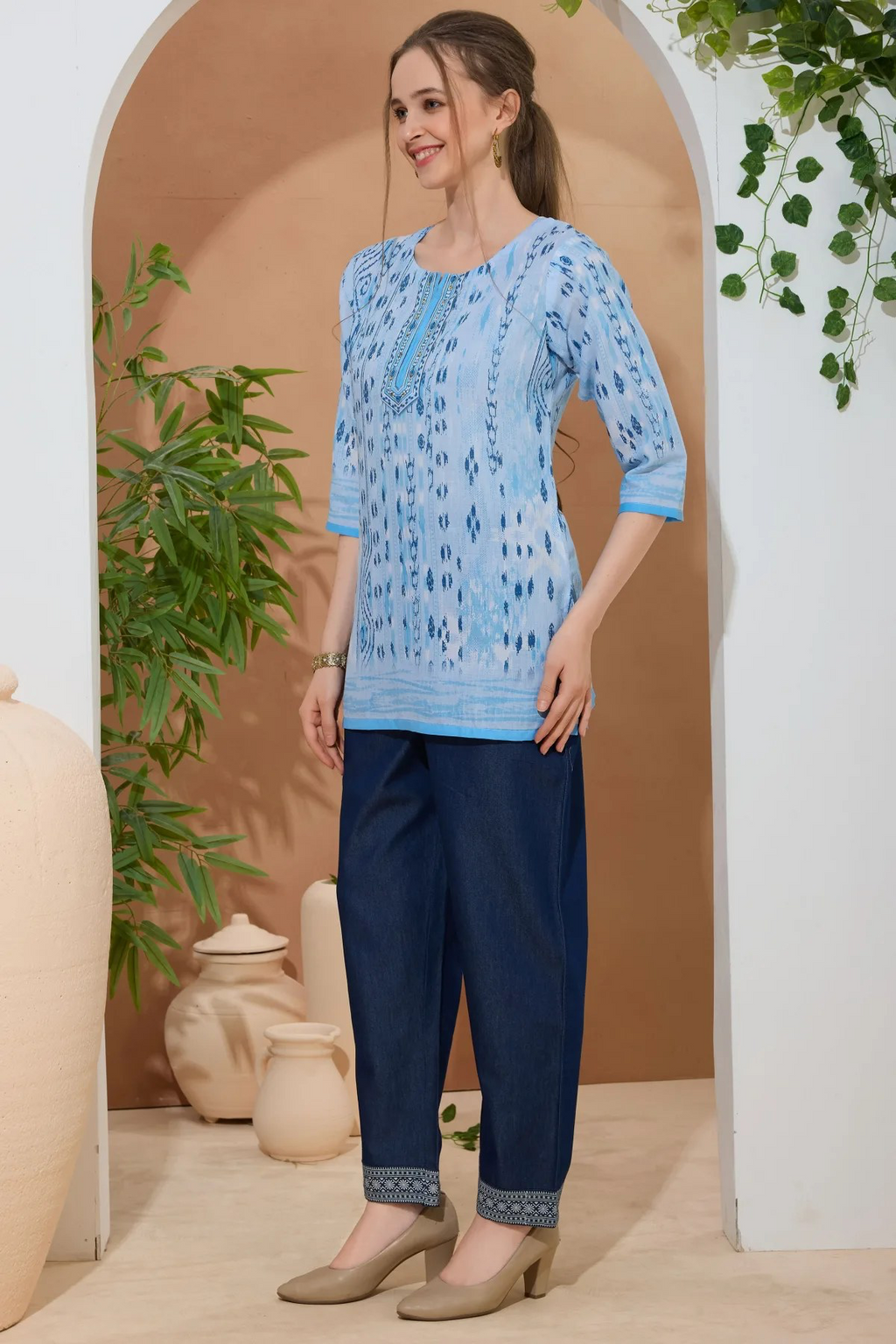 Sky Blue Ethnic Print Cotton Short Kurti with Thread Work