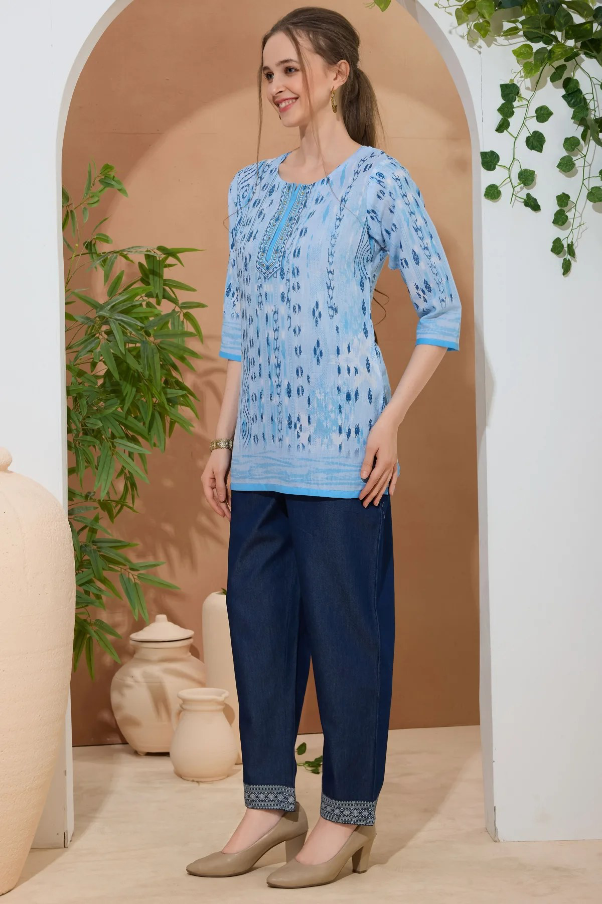 Sky Blue Ethnic Print Cotton Short Kurti with Thread Work