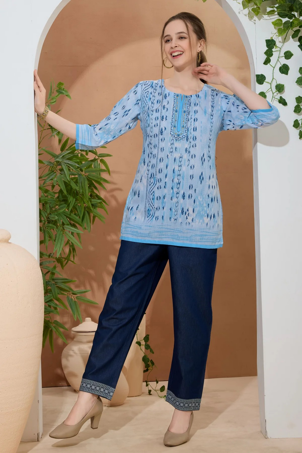 Sky Blue Ethnic Print Cotton Short Kurti with Thread Work