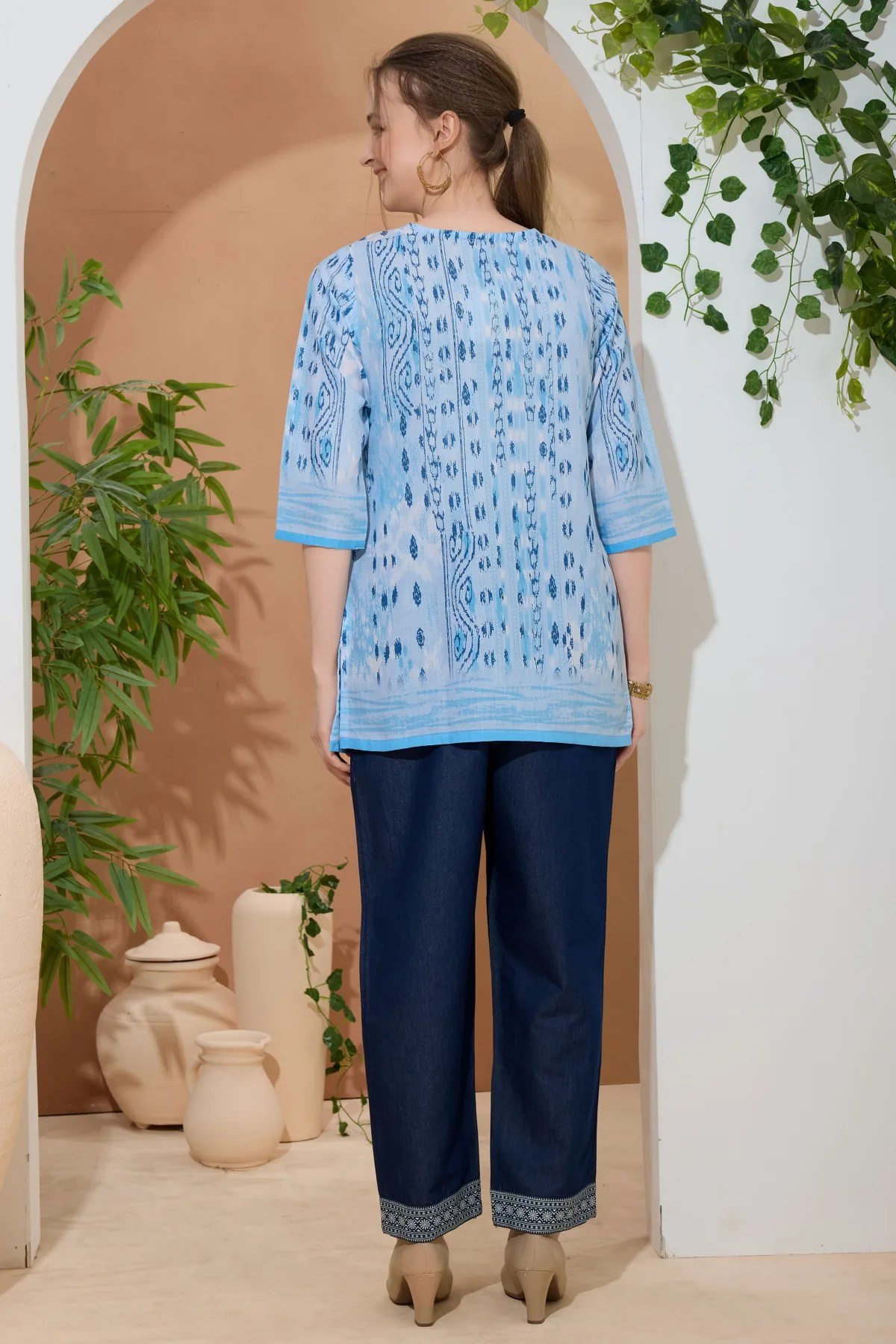 Sky Blue Ethnic Print Cotton Short Kurti with Thread Work