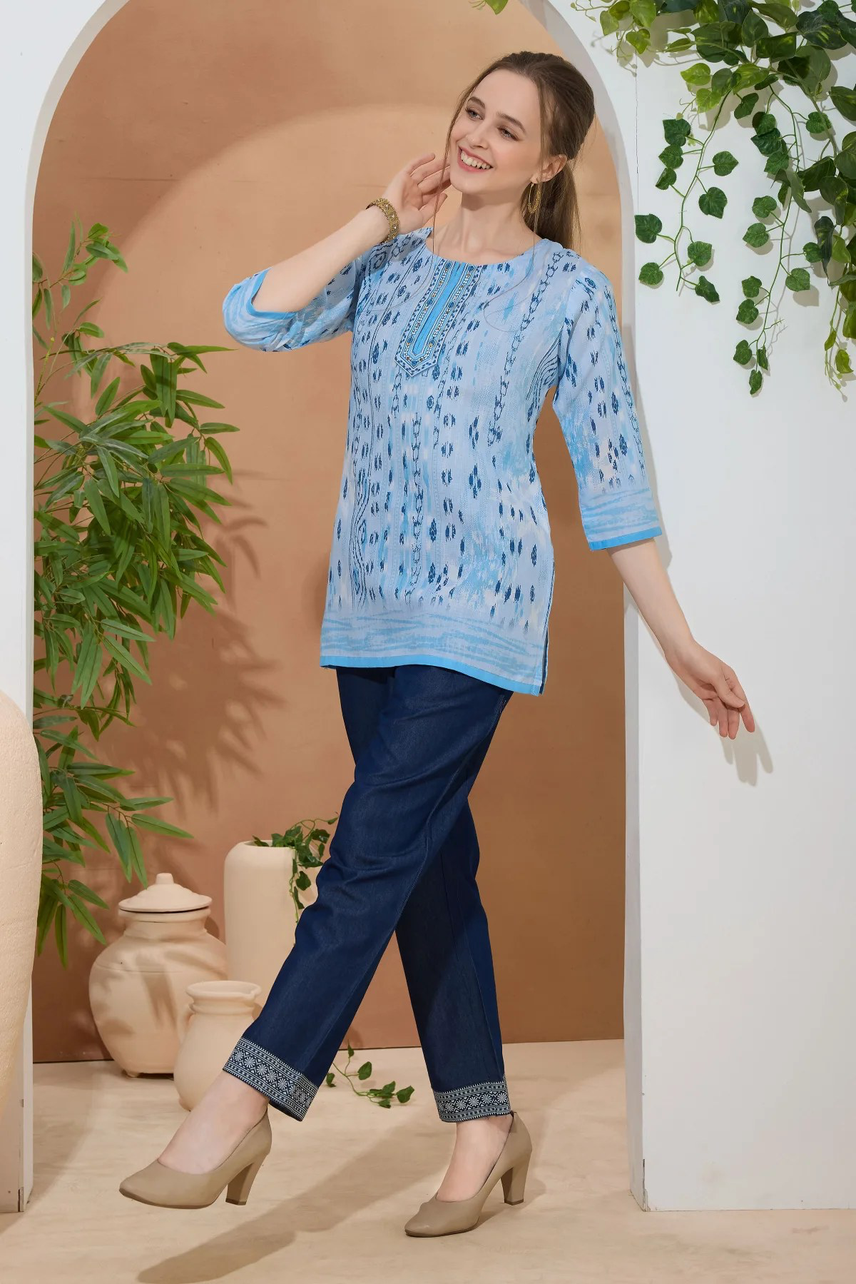 Sky Blue Ethnic Print Cotton Short Kurti with Thread Work