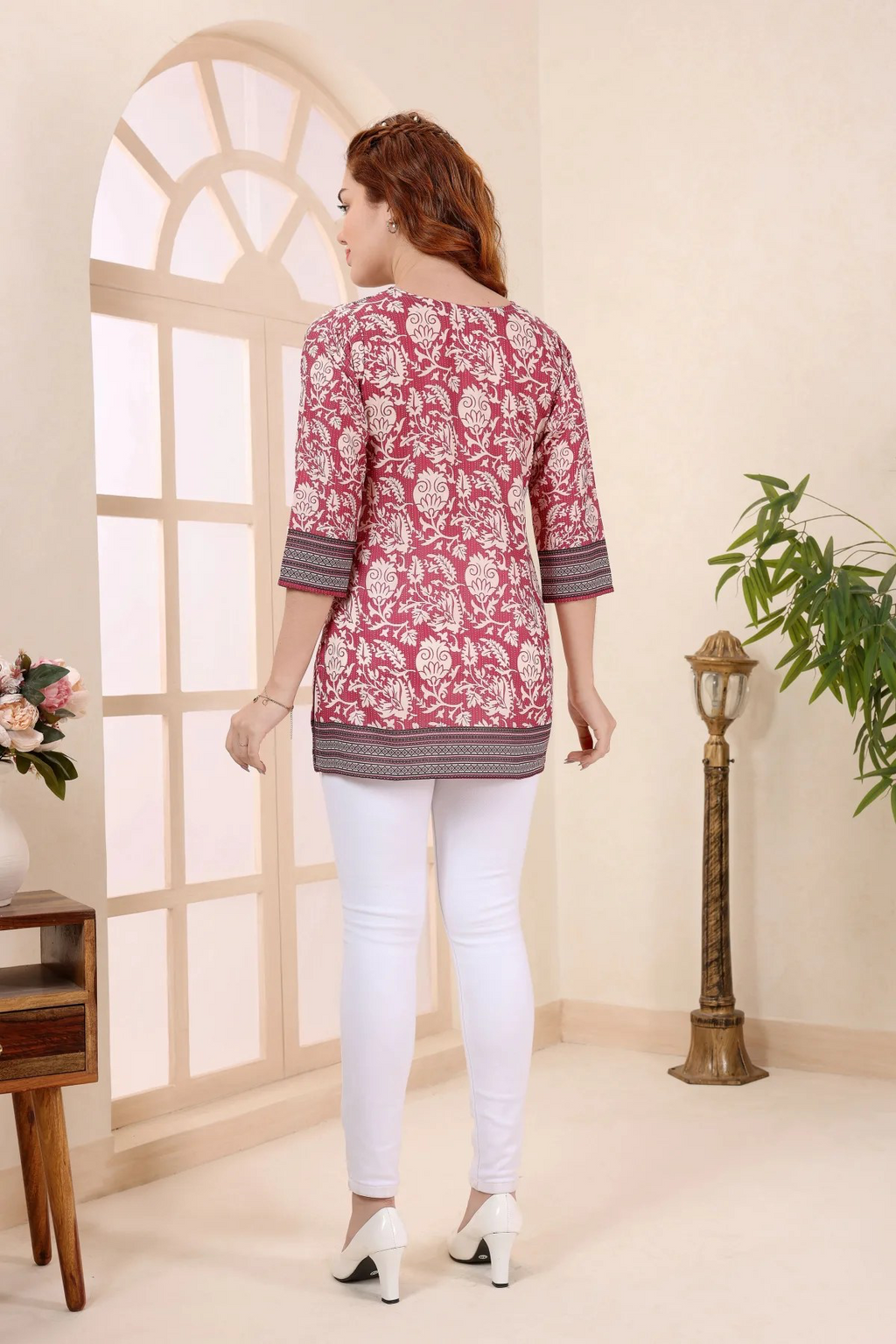Coral Cotton V Neck Short Kurti Tunic Top