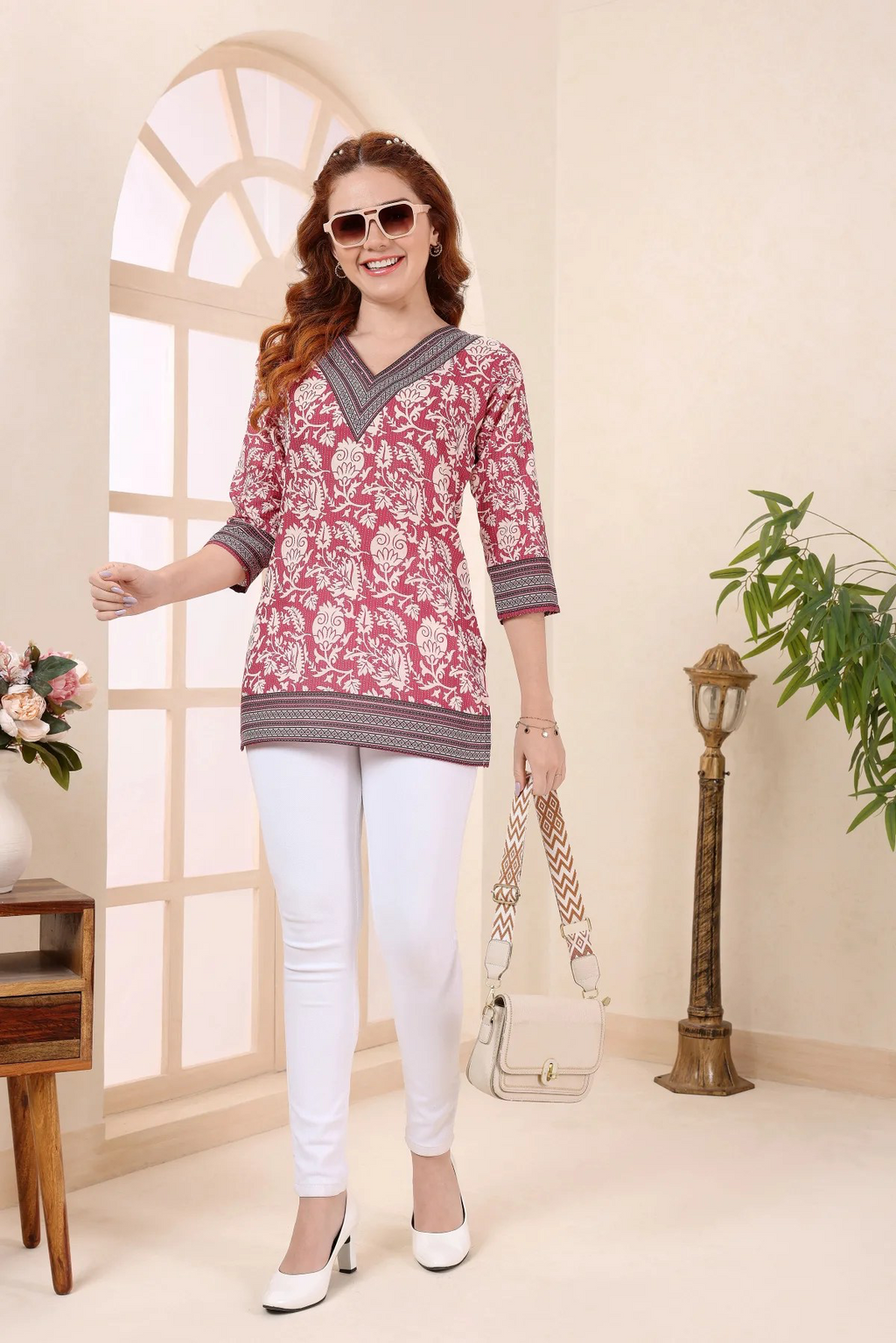 Coral Cotton V Neck Short Kurti Tunic Top