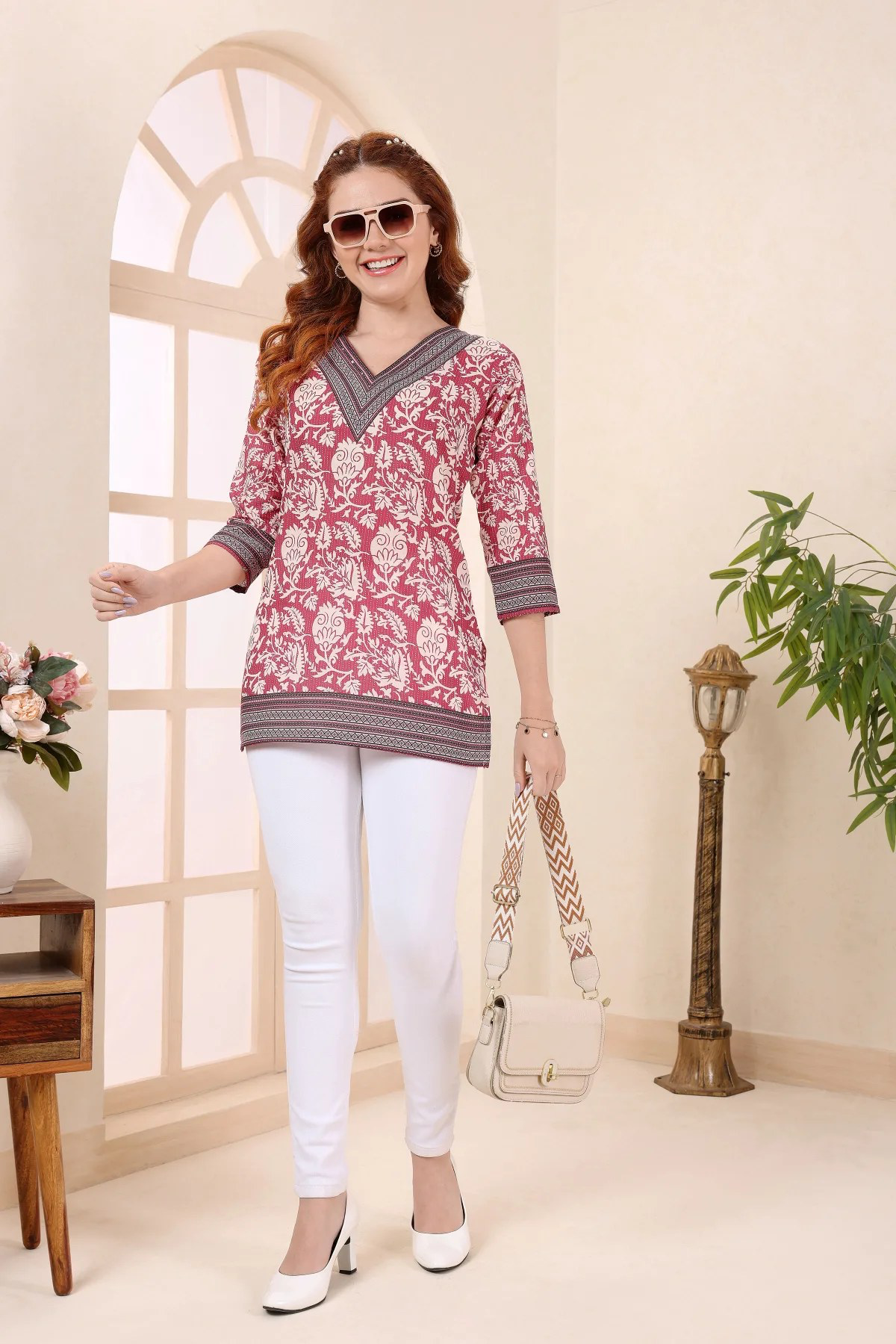 Coral Cotton V Neck Short Kurti Tunic Top