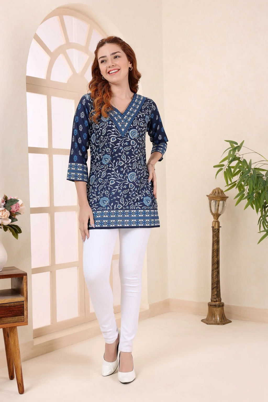 Indigo Cotton Short Kurti with Ethnic Floral Print