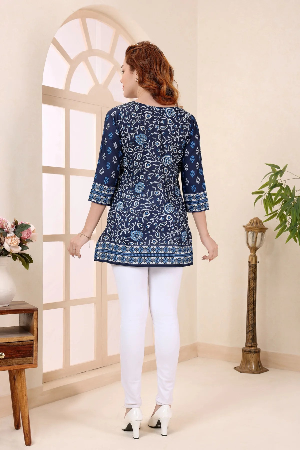 Indigo Cotton Short Kurti with Ethnic Floral Print