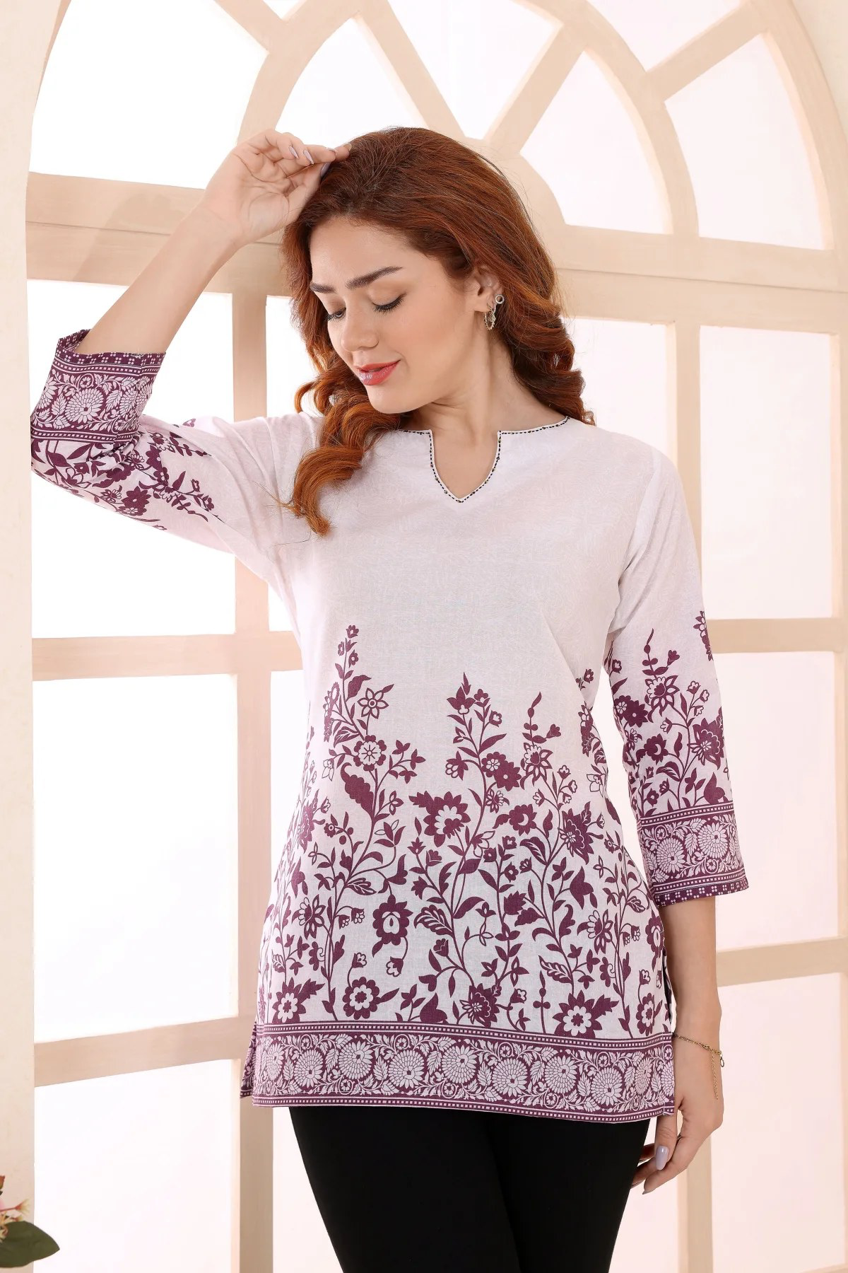 💜 Purple Cotton Short Kurti Tunic Top with Ethnic Motifs