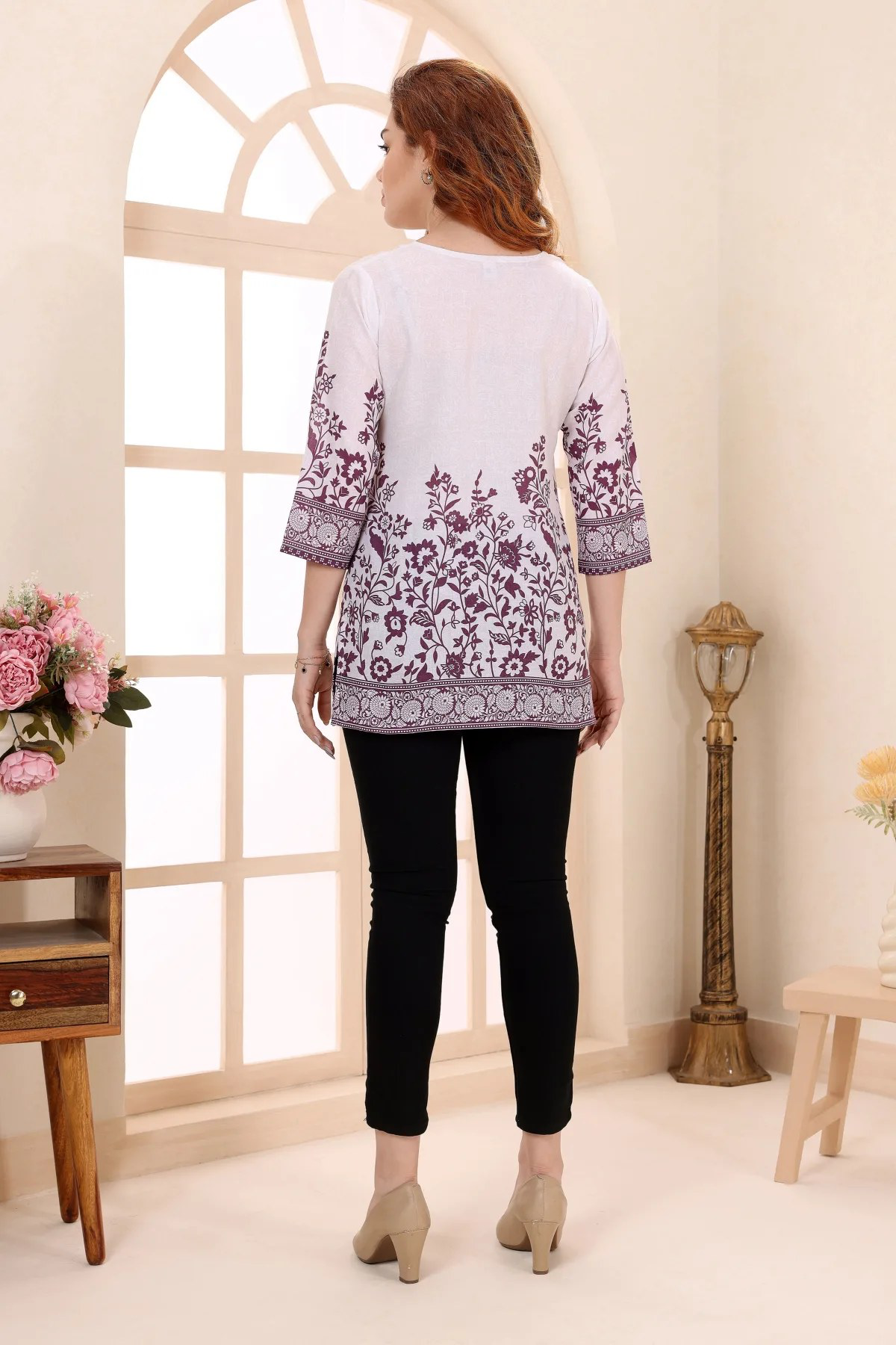 💜 Purple Cotton Short Kurti Tunic Top with Ethnic Motifs