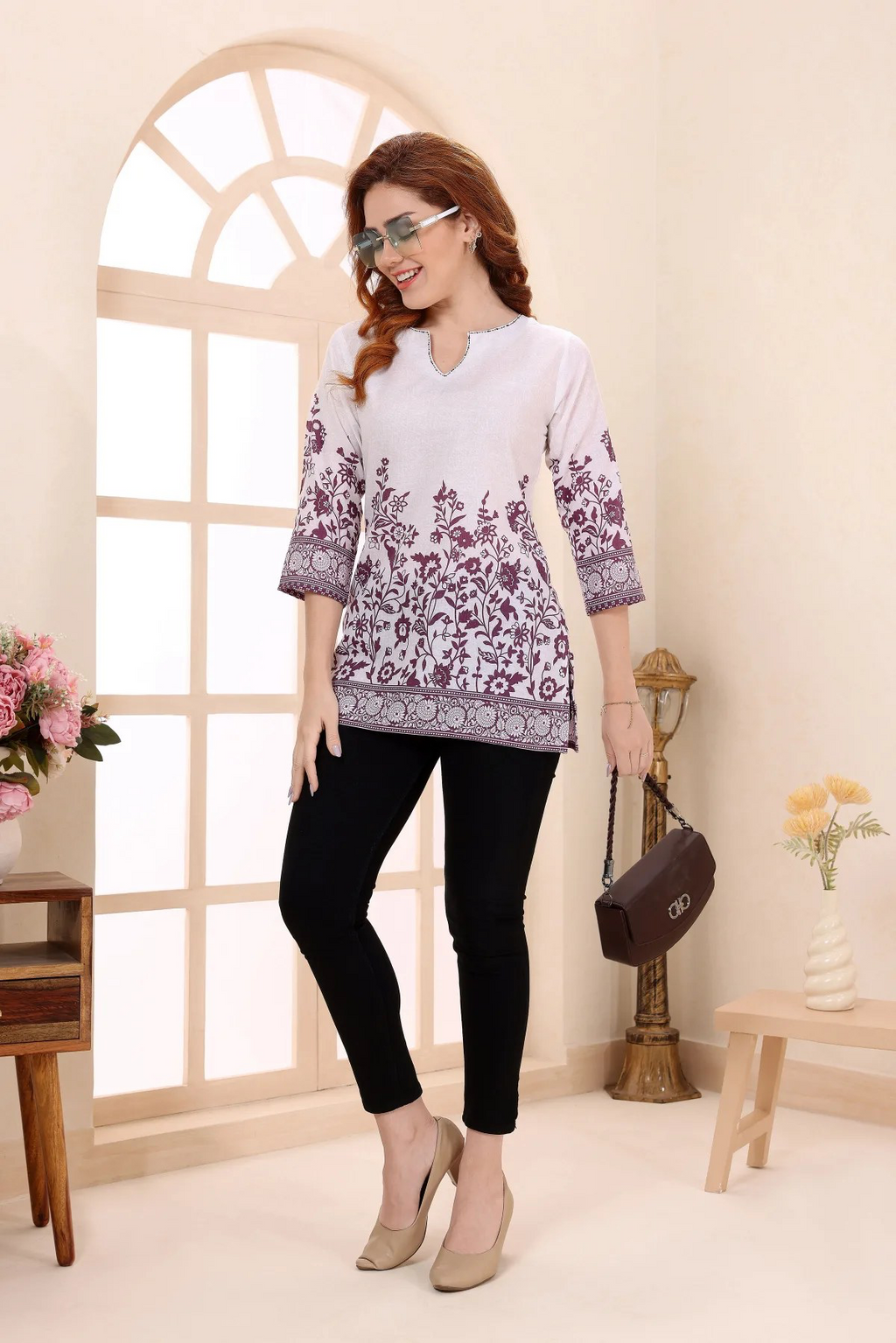 💜 Purple Cotton Short Kurti Tunic Top with Ethnic Motifs