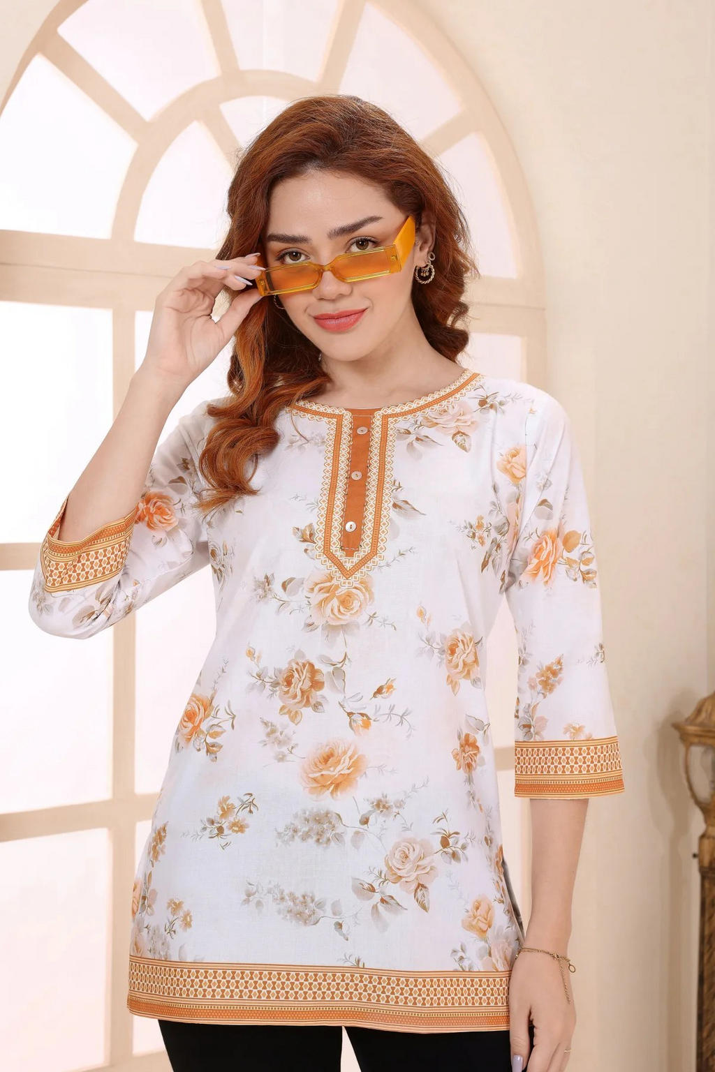 💛 Mustard Cotton Short Kurti with Floral Print