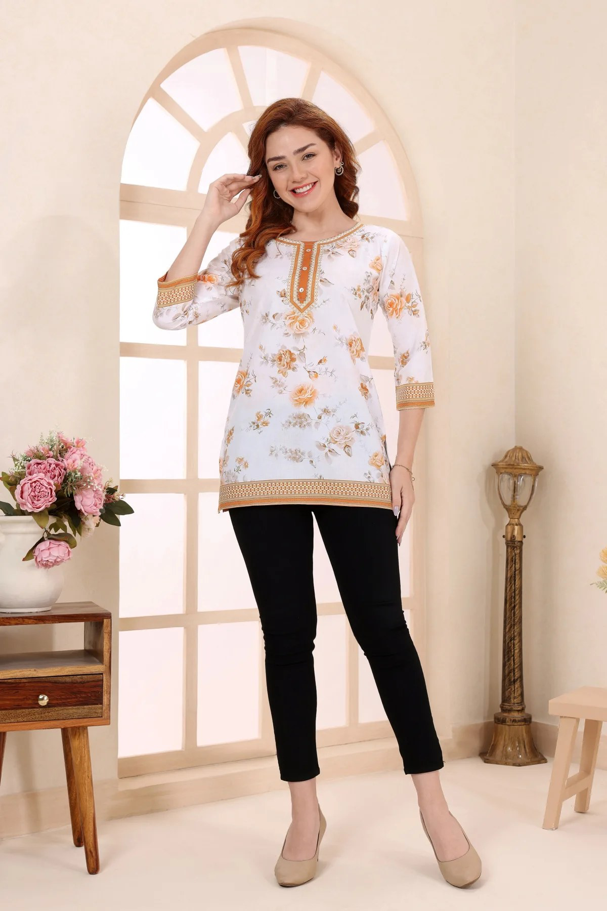 💛 Mustard Cotton Short Kurti with Floral Print