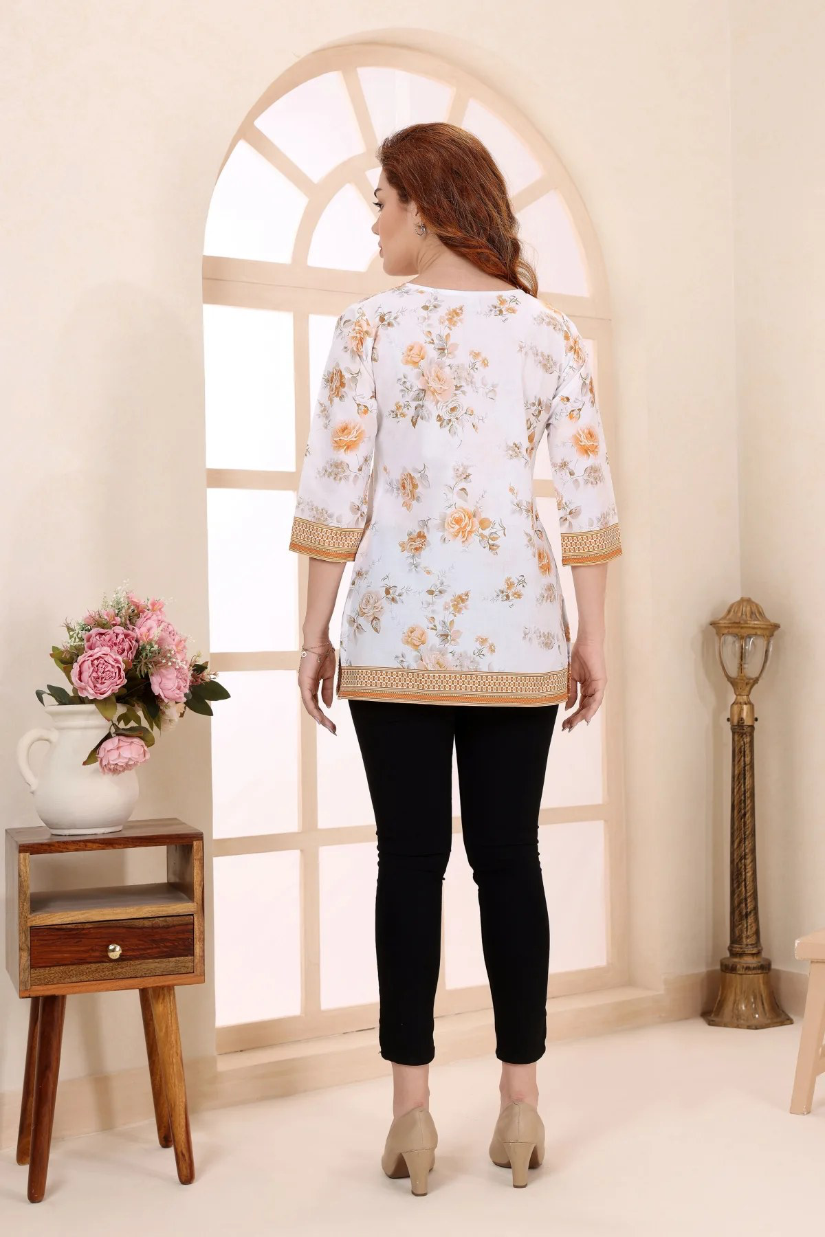 💛 Mustard Cotton Short Kurti with Floral Print