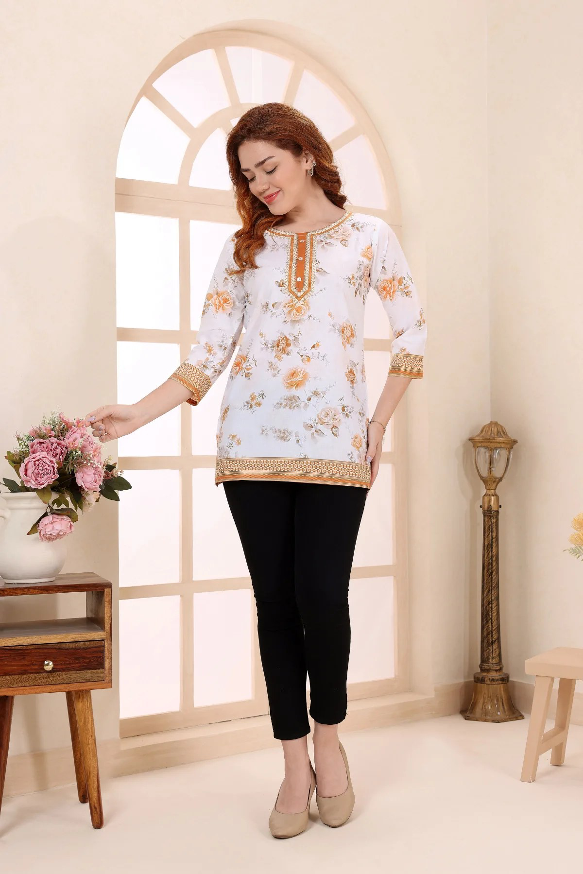 💛 Mustard Cotton Short Kurti with Floral Print