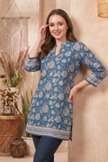 💙 Indigo Blue Jaipuri Print Cotton Blend Short Kurti with Band Collar