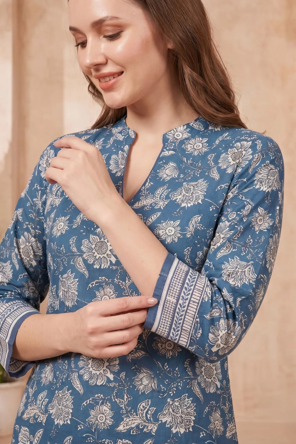 💙 Indigo Blue Jaipuri Print Cotton Blend Short Kurti with Band Collar
