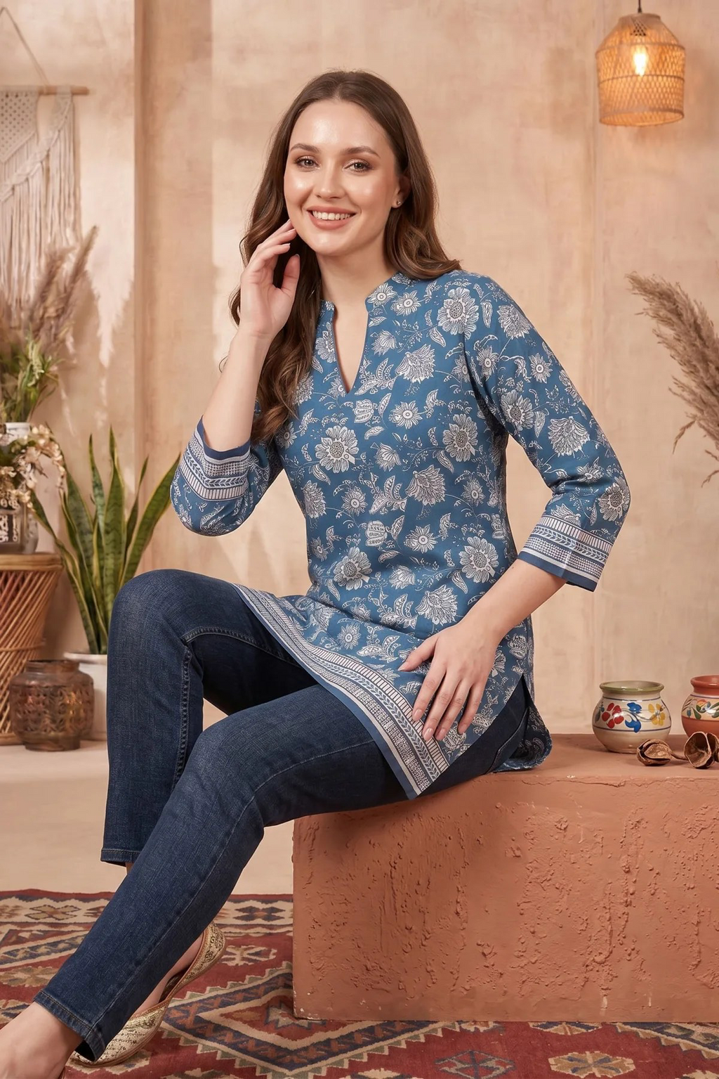 💙 Indigo Blue Jaipuri Print Cotton Blend Short Kurti with Band Collar