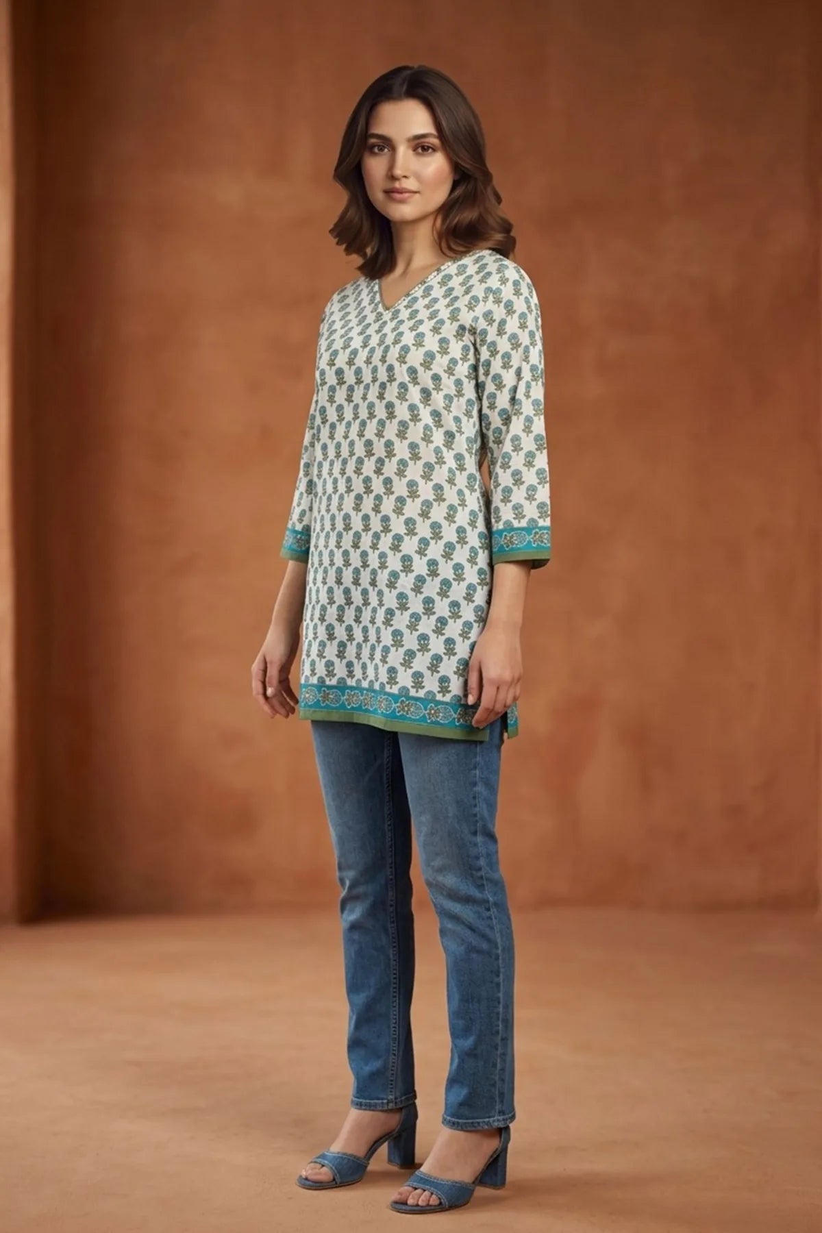 Jaipuri Printed Cotton Short Kurti with V Neck