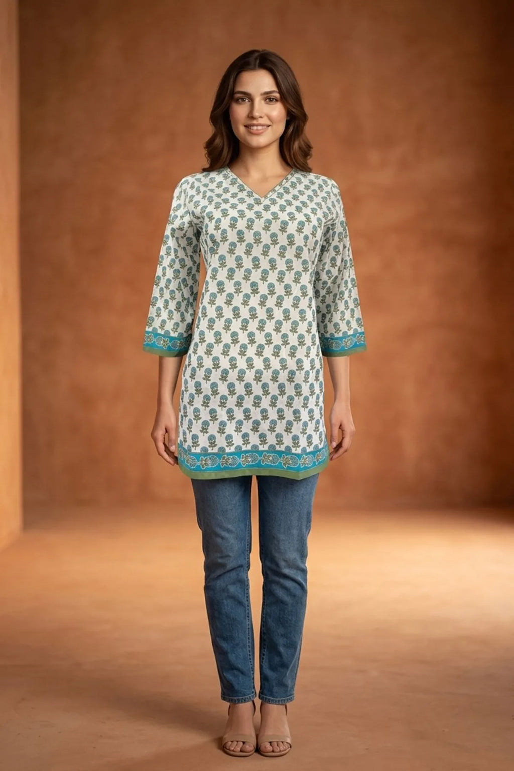 Jaipuri Printed Cotton Short Kurti with V Neck