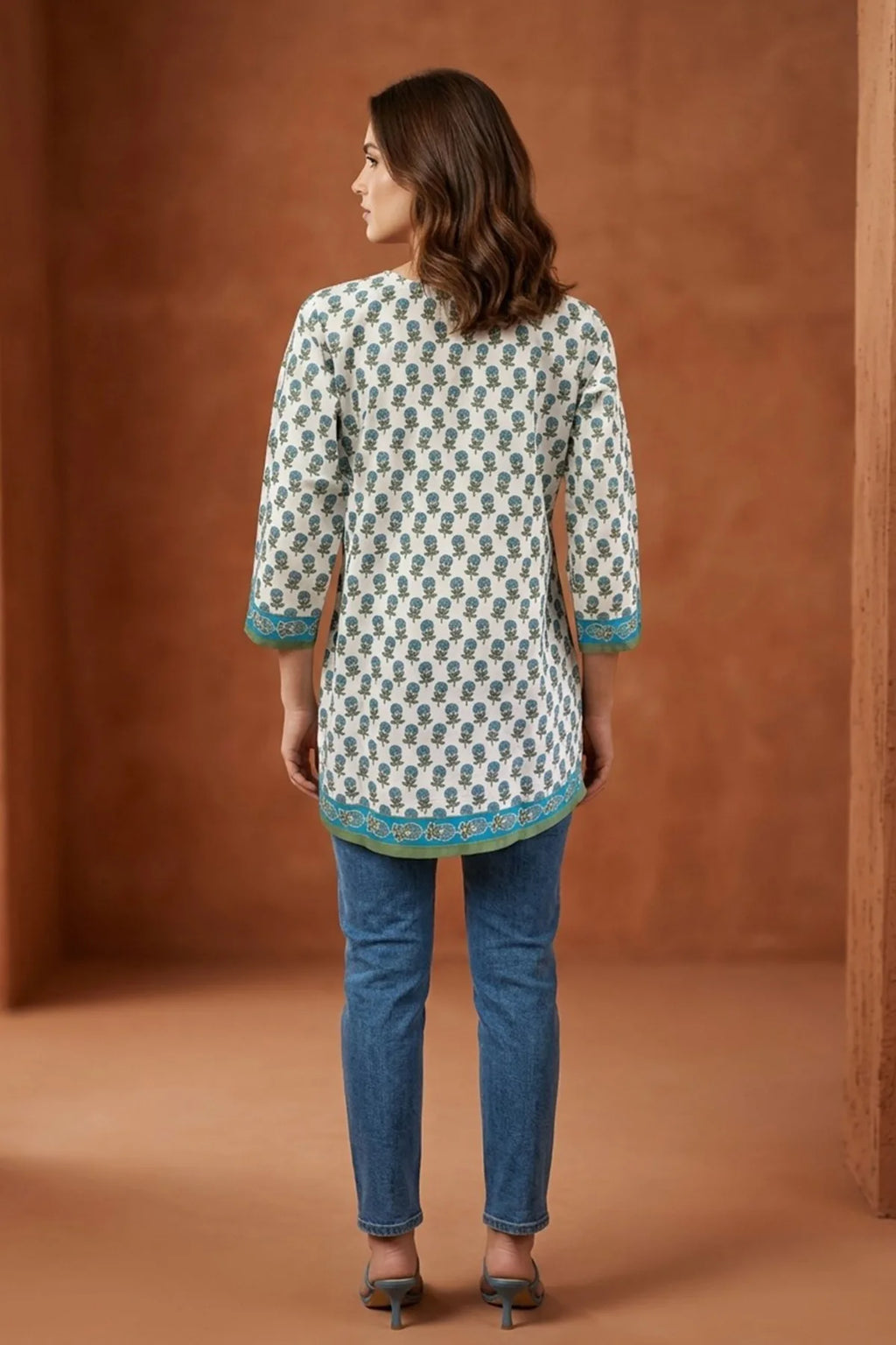 Jaipuri Printed Cotton Short Kurti with V Neck