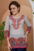 Beige Ethnic Print Cotton Round Neck Short Kurti