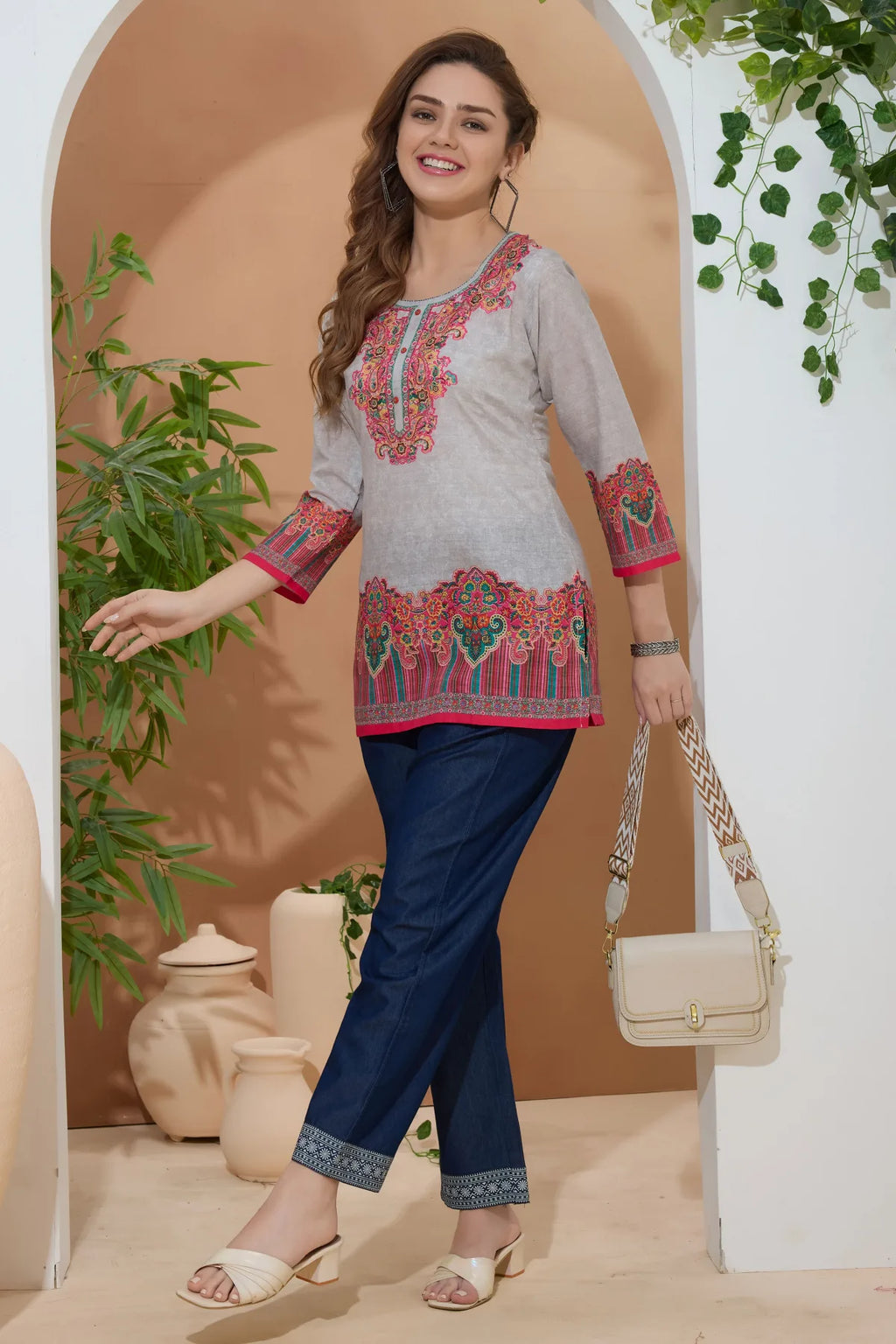 Beige Ethnic Print Cotton Round Neck Short Kurti