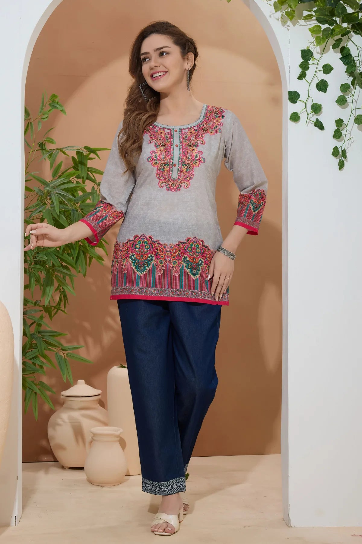 Beige Ethnic Print Cotton Round Neck Short Kurti