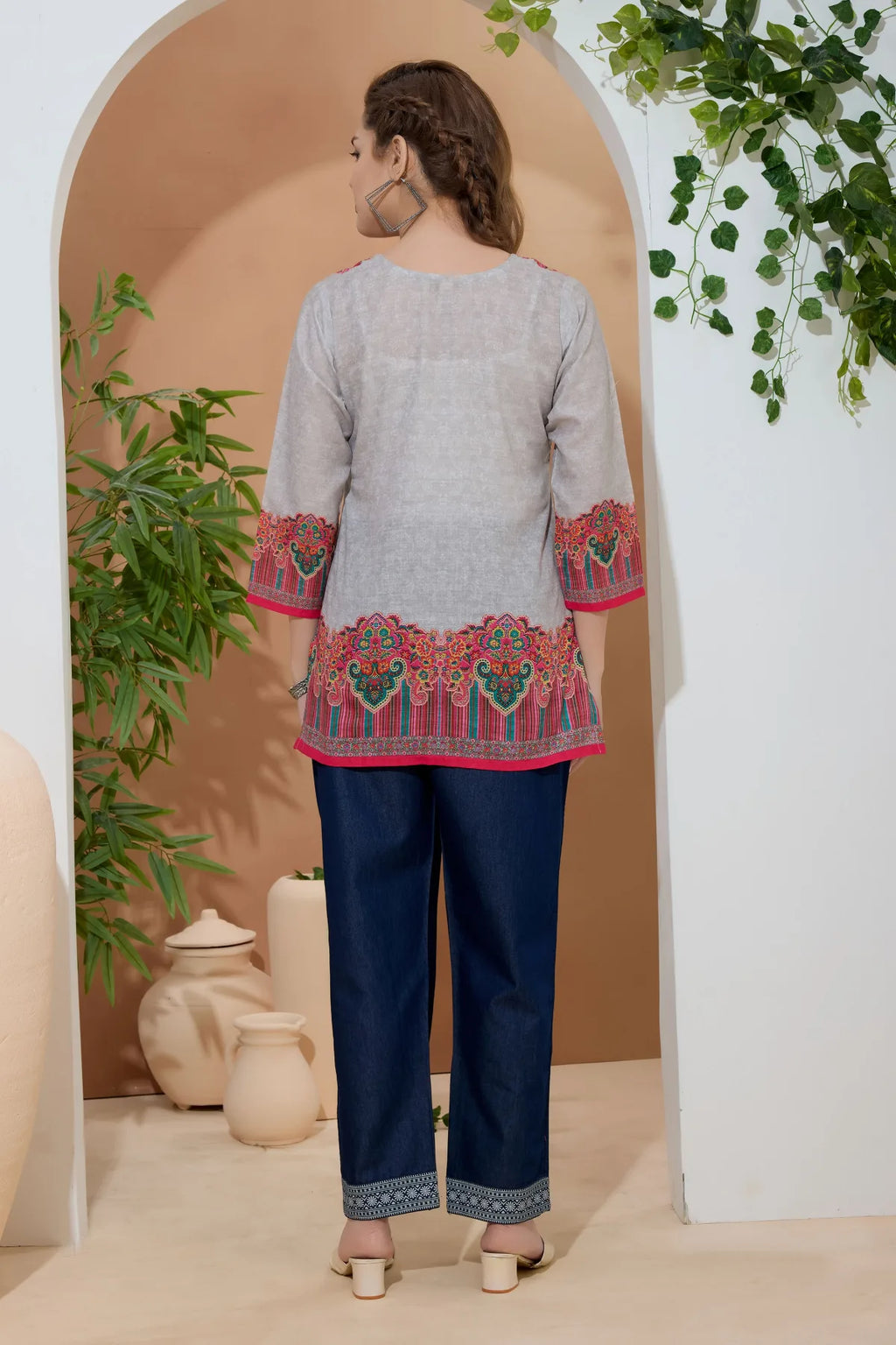 Beige Ethnic Print Cotton Round Neck Short Kurti