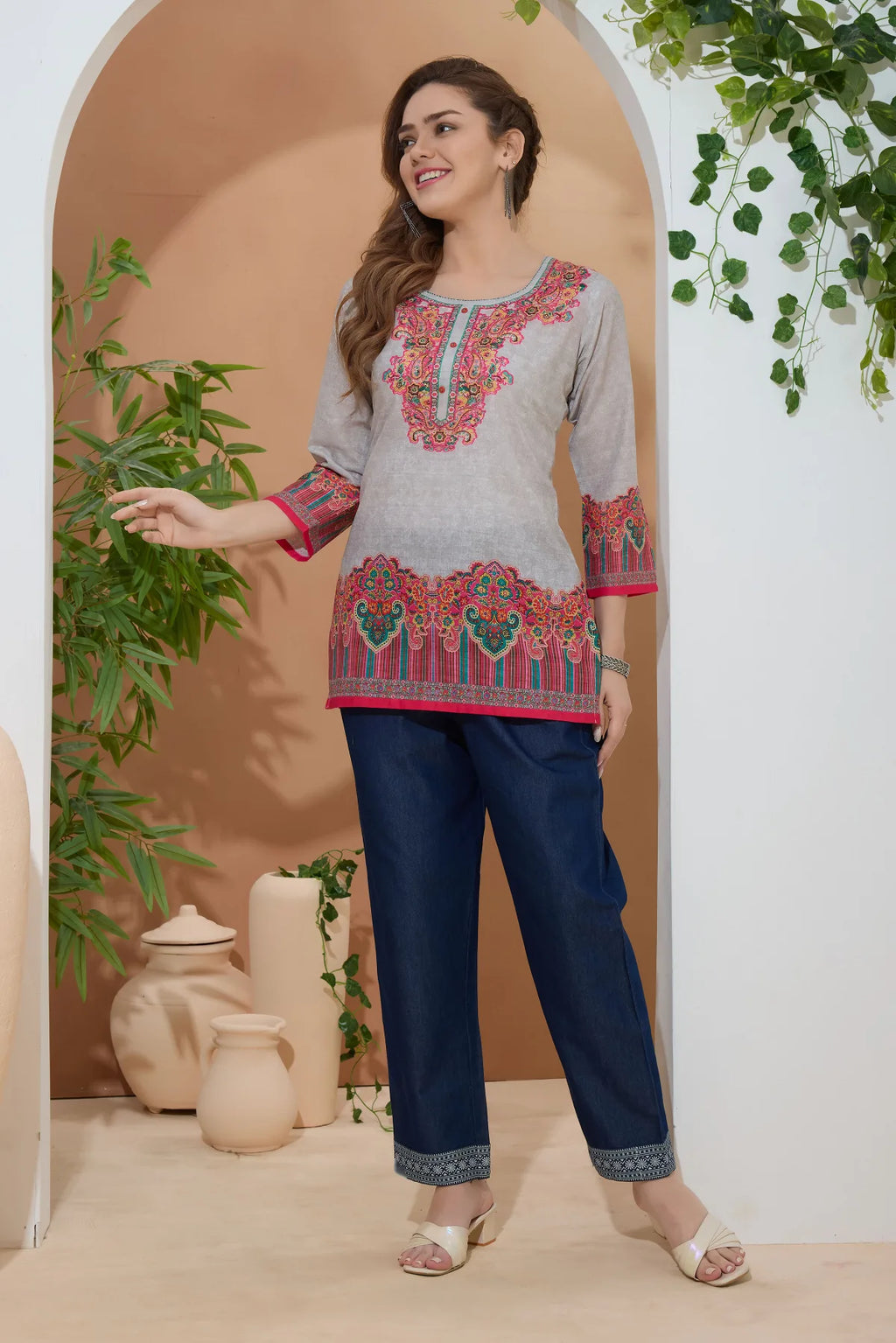 Beige Ethnic Print Cotton Round Neck Short Kurti