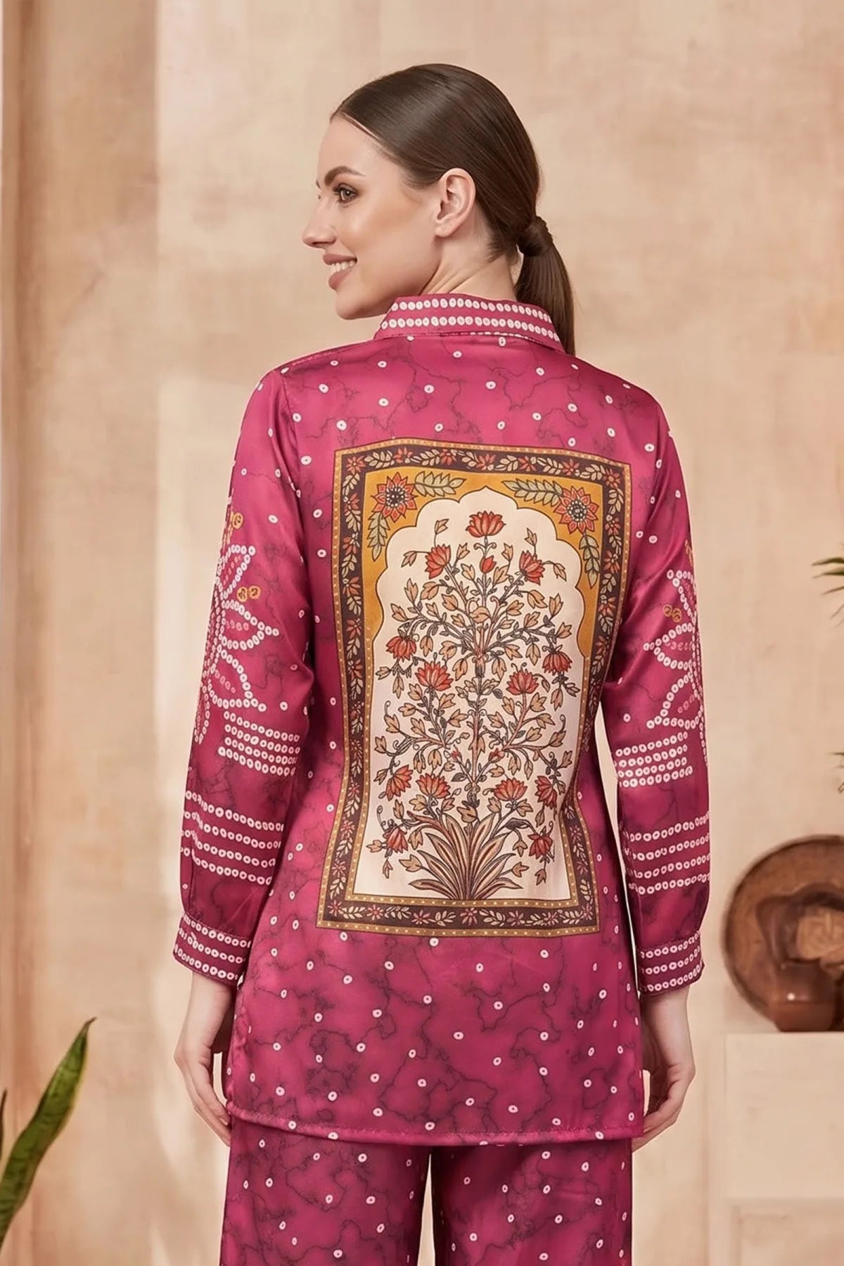 Berry Pink Modal Silk Bandhani Print Shirt with Collar