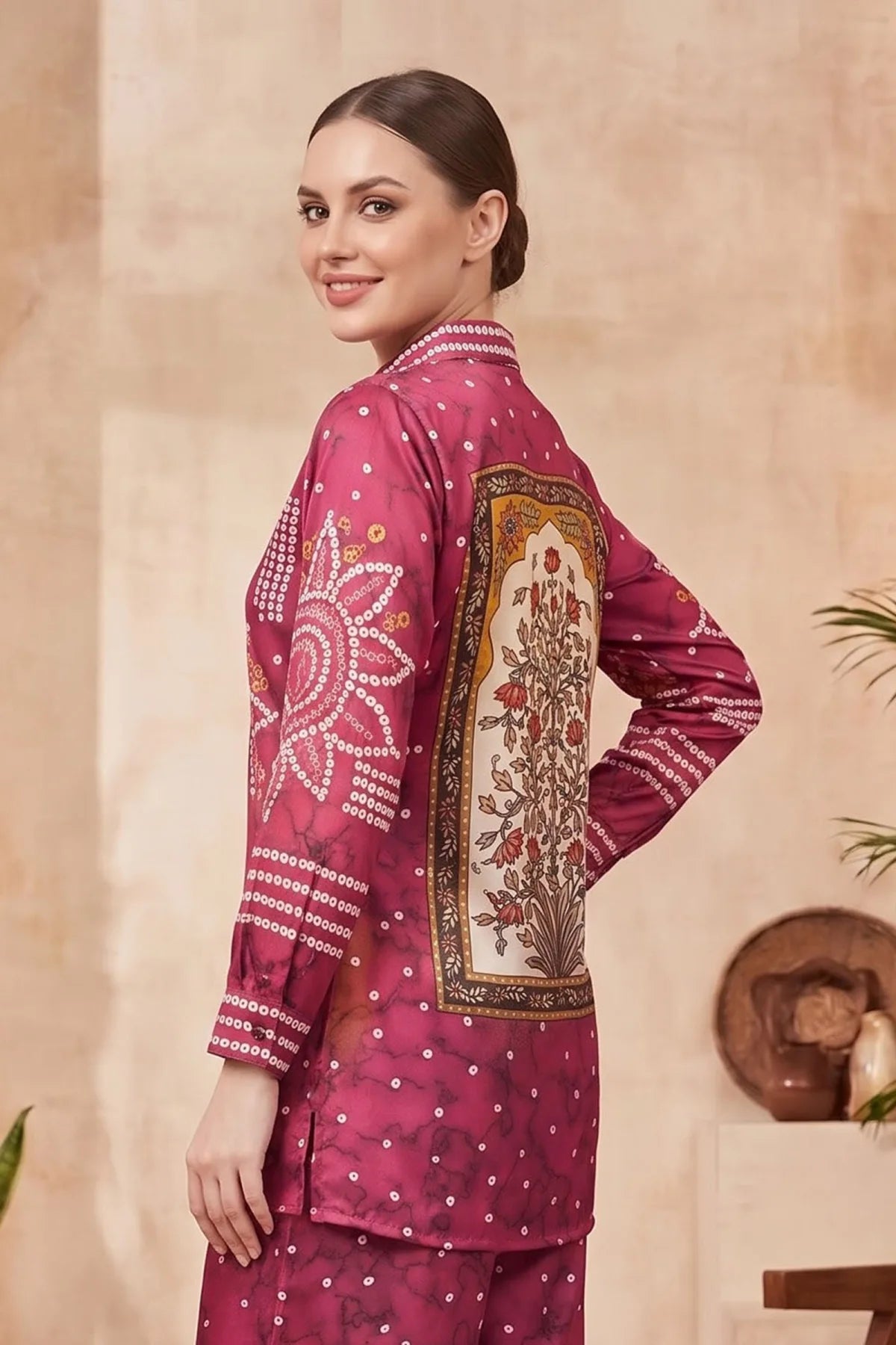 Berry Pink Modal Silk Bandhani Print Shirt with Collar