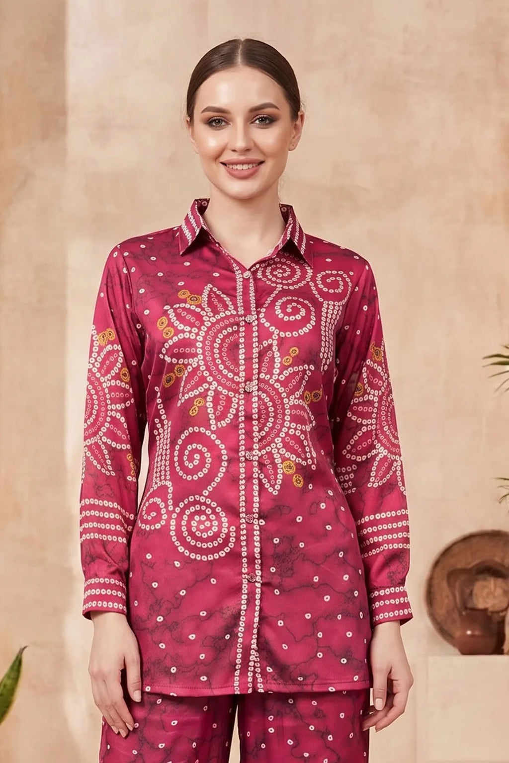 Berry Pink Modal Silk Bandhani Print Shirt with Collar