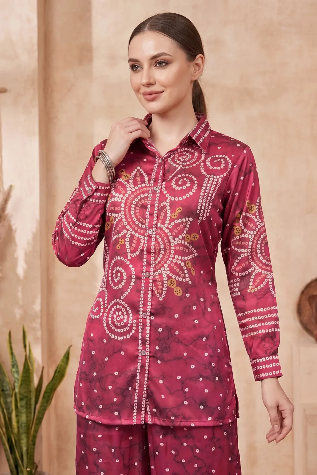 Berry Pink Modal Silk Bandhani Print Shirt with Collar