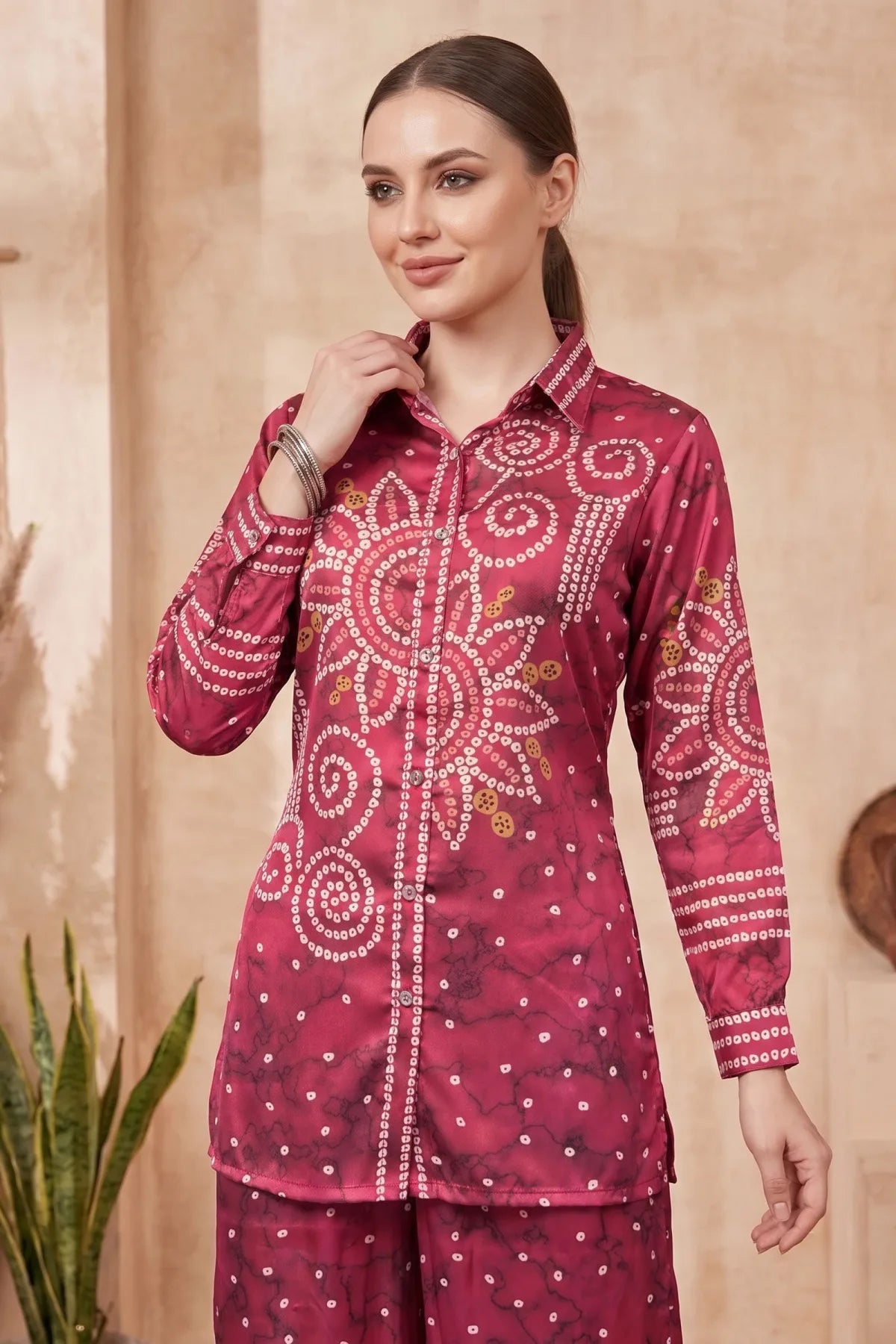 Berry Pink Modal Silk Bandhani Print Shirt with Collar