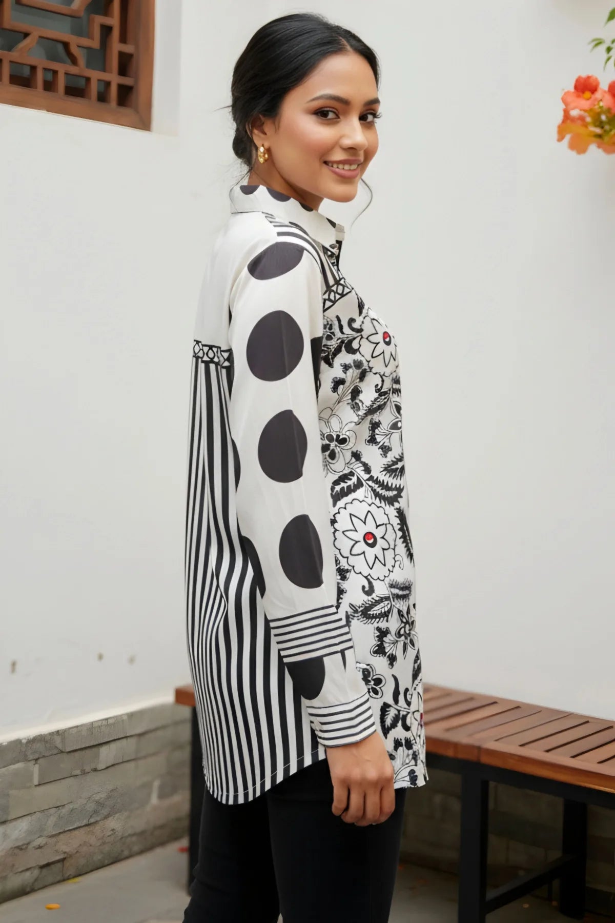 Black and White Azrakh Print Modal Shirt Style Kurti