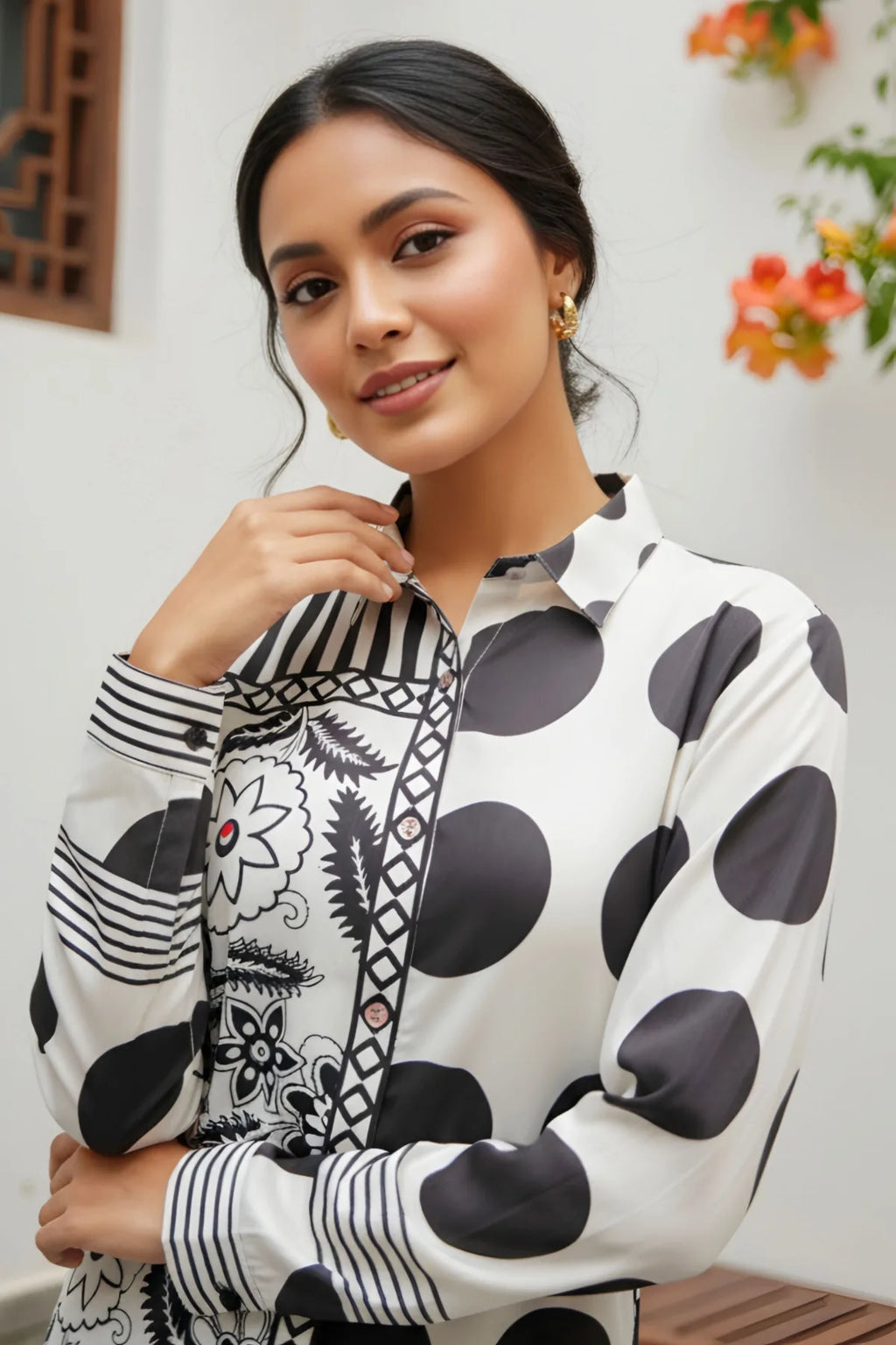 Black and White Azrakh Print Modal Shirt Style Kurti