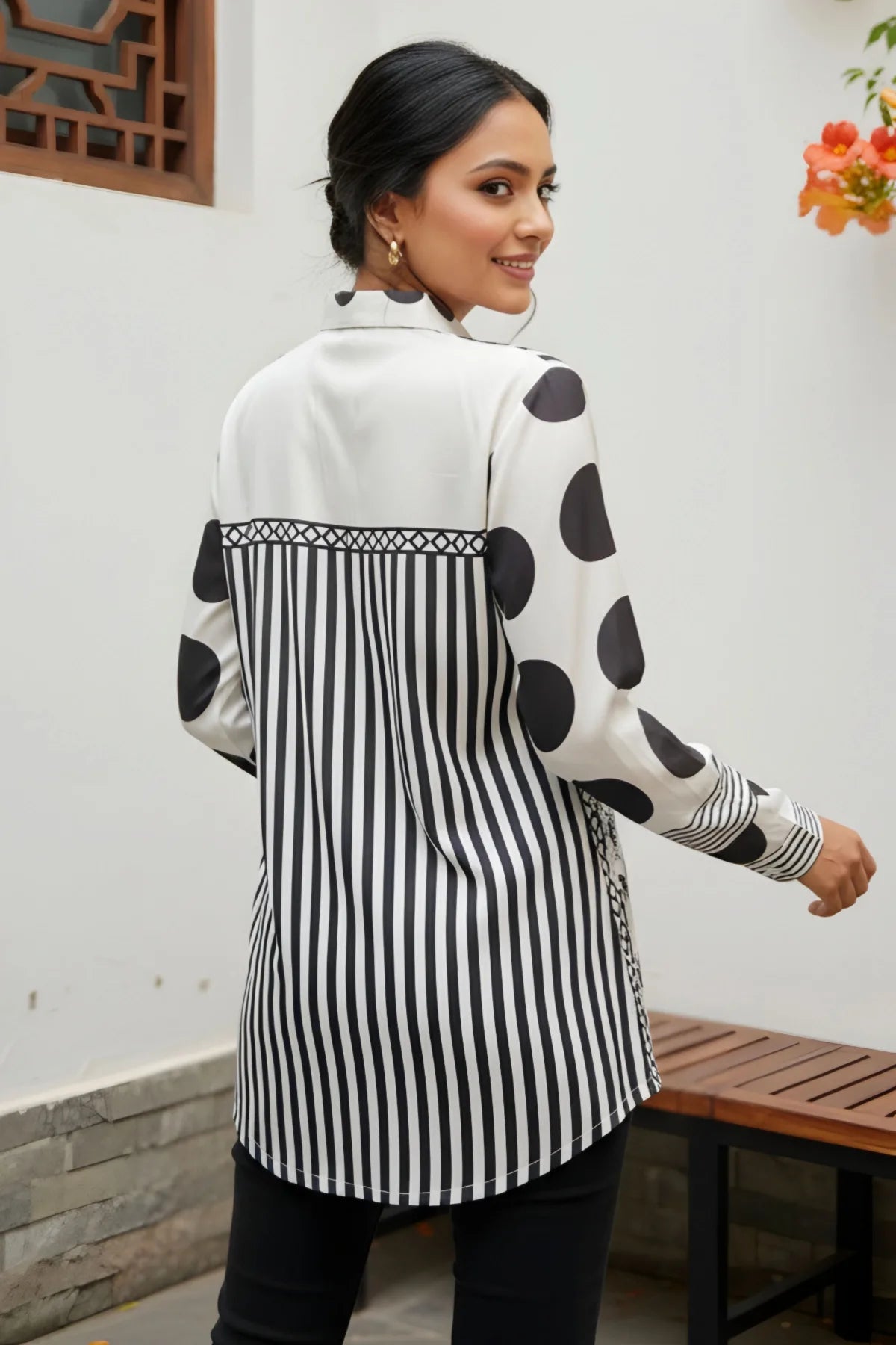 Black and White Azrakh Print Modal Shirt Style Kurti