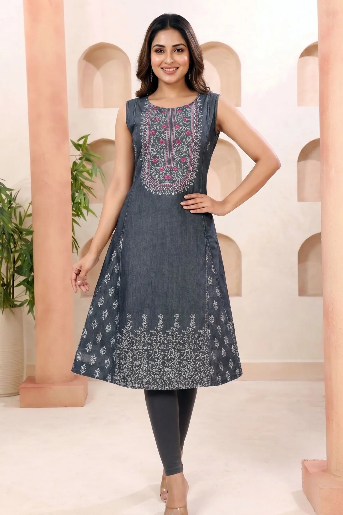 Black Denim Sleeveless Flared Kurti with Thread Work