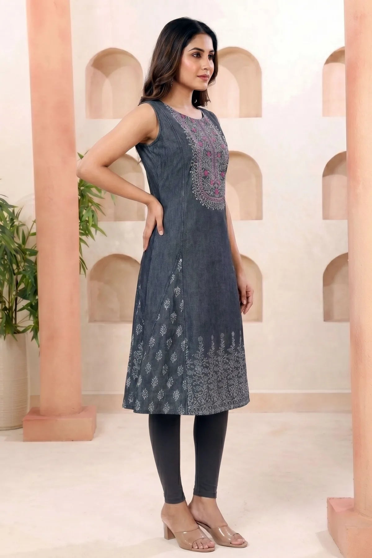 Black Denim Sleeveless Flared Kurti with Thread Work
