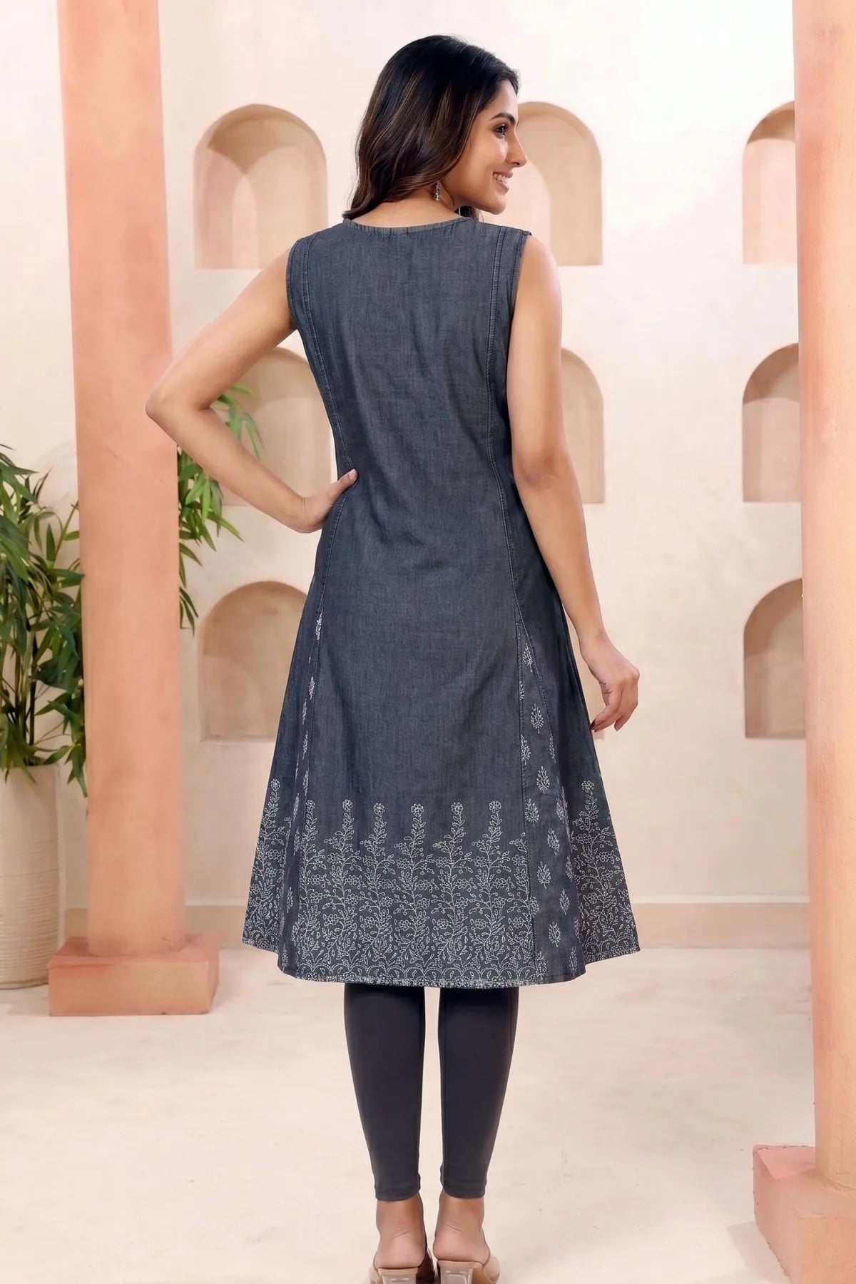 Black Denim Sleeveless Flared Kurti with Thread Work