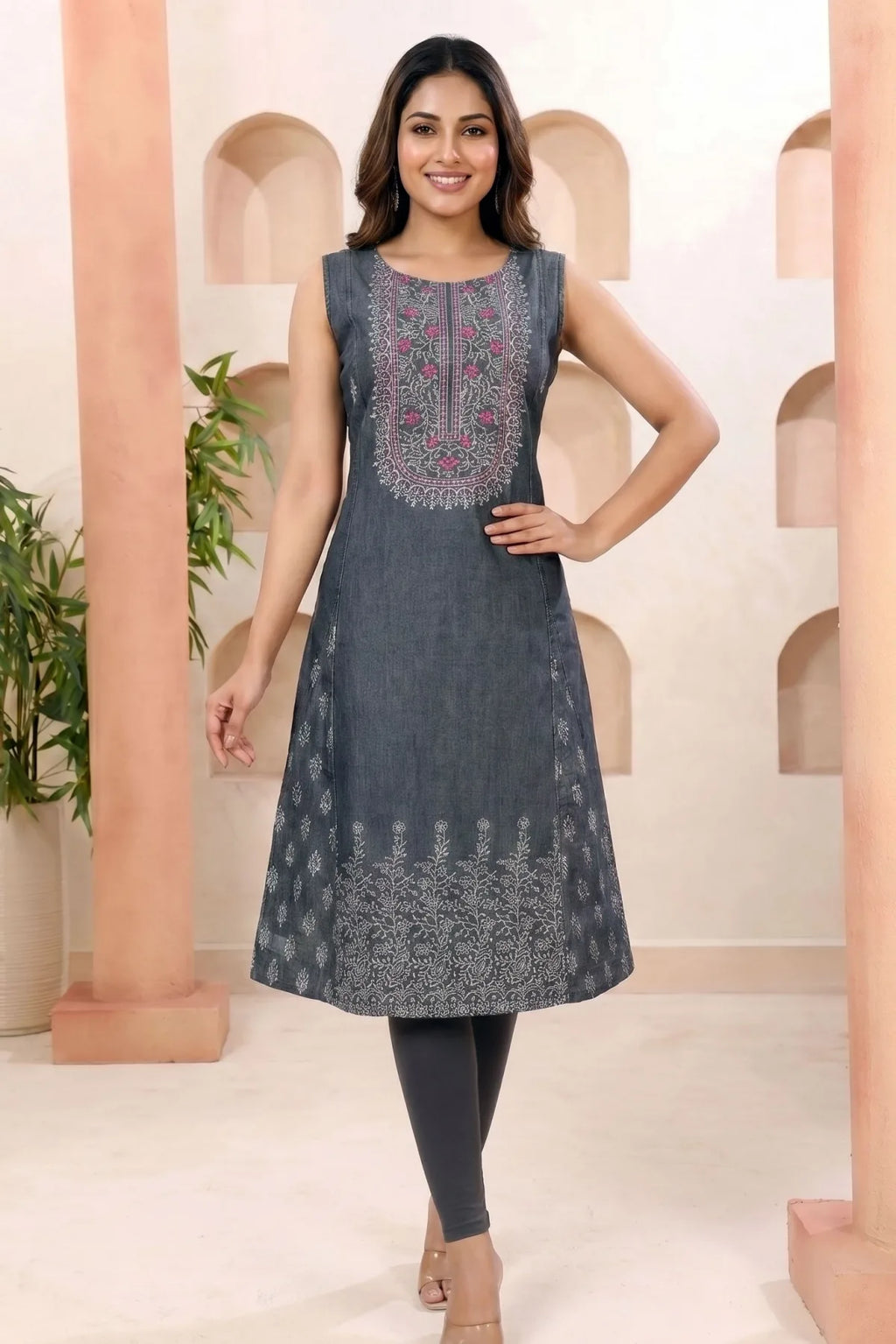 Black Denim Sleeveless Flared Kurti with Thread Work